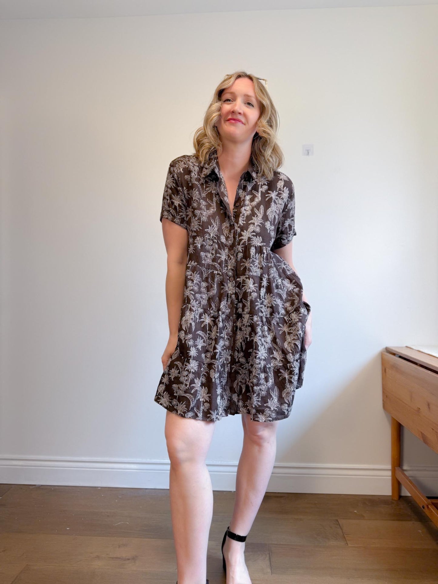DECJUBA Babydoll Linen Mini Dress in Brown/White Print (Size S-L)