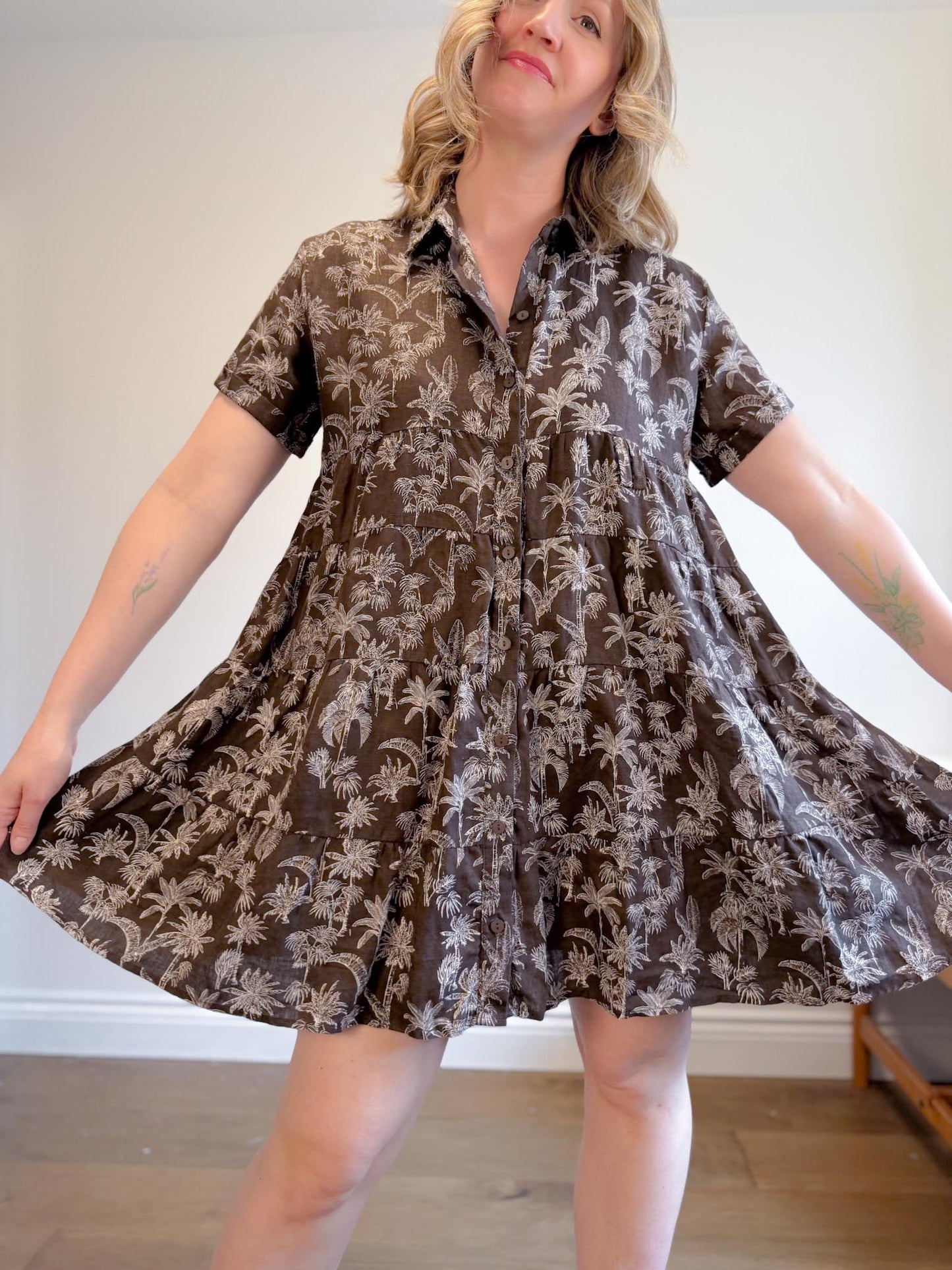 DECJUBA Babydoll Linen Mini Dress in Brown/White Print (Size S-L)