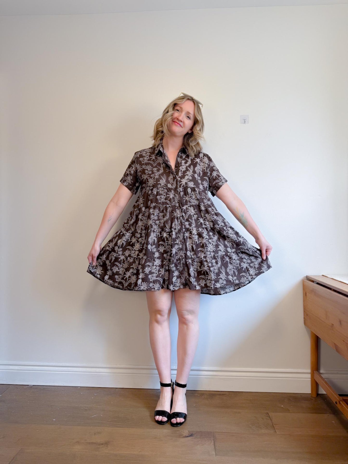 DECJUBA Babydoll Linen Mini Dress in Brown/White Print (Size S-L)