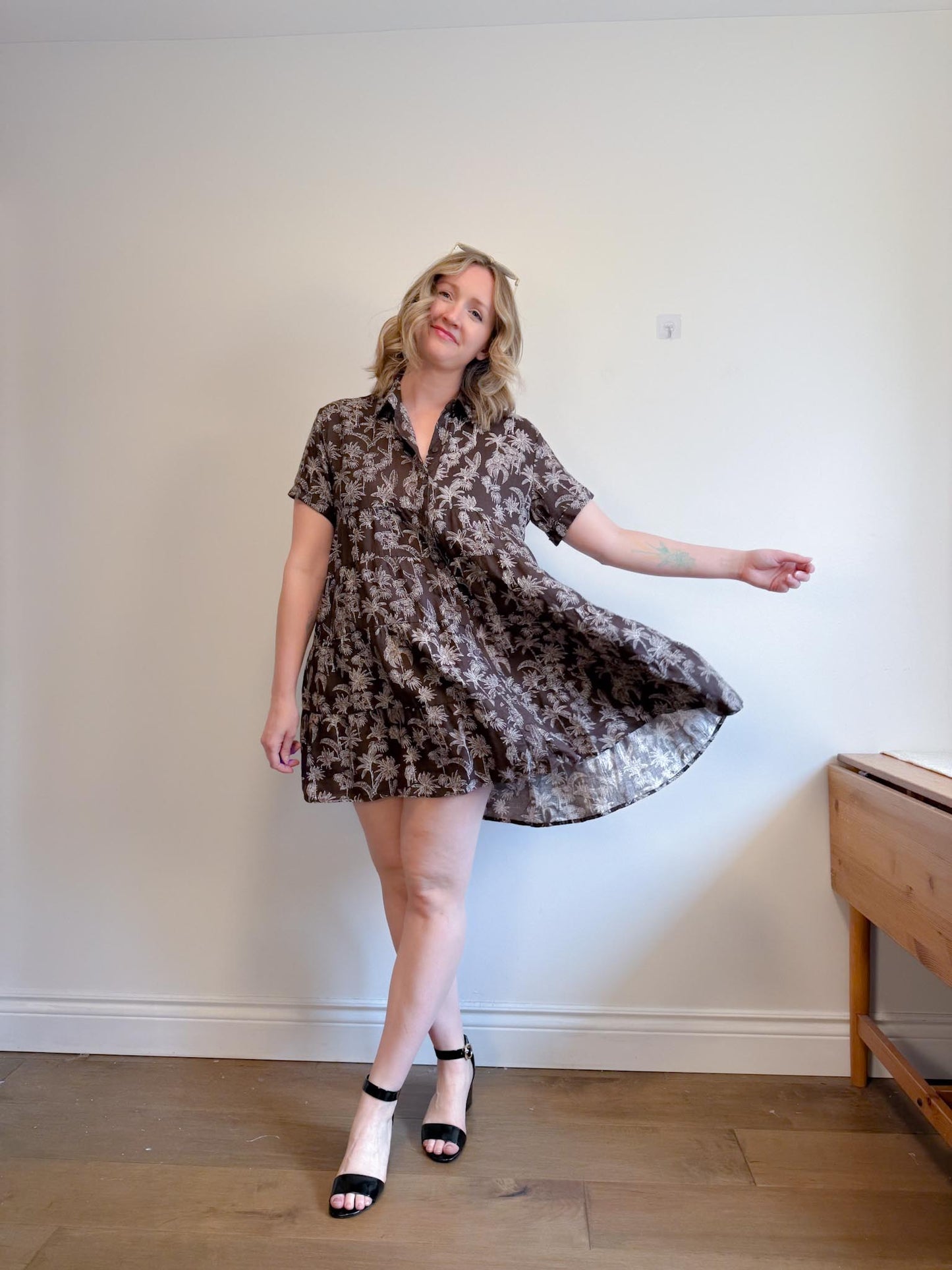 DECJUBA Babydoll Linen Mini Dress in Brown/White Print (Size S-L)