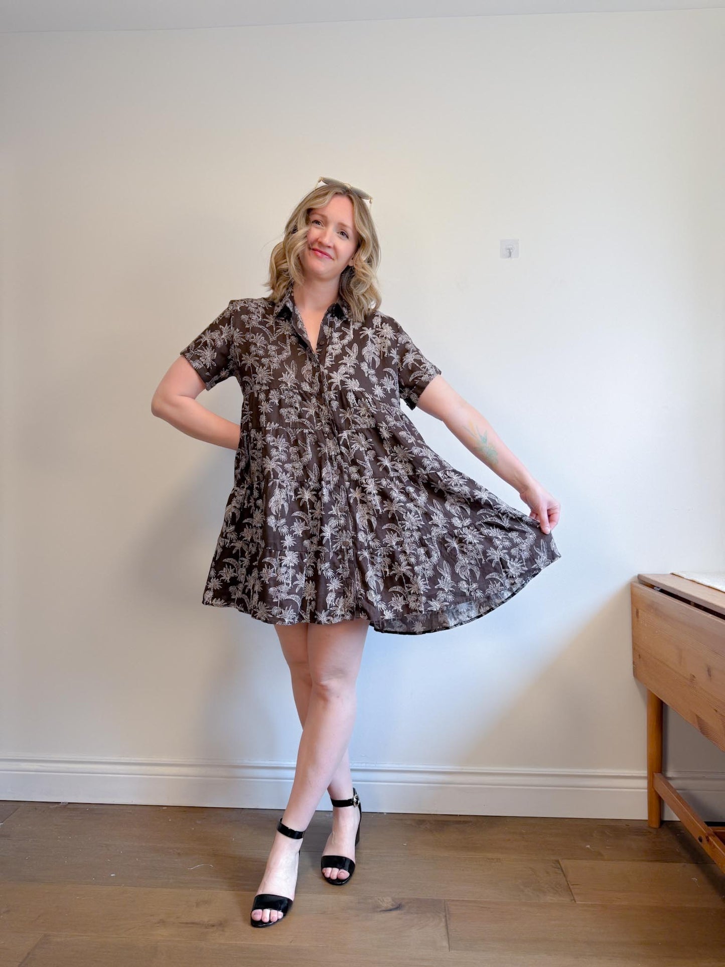 DECJUBA Babydoll Linen Mini Dress in Brown/White Print (Size S-L)
