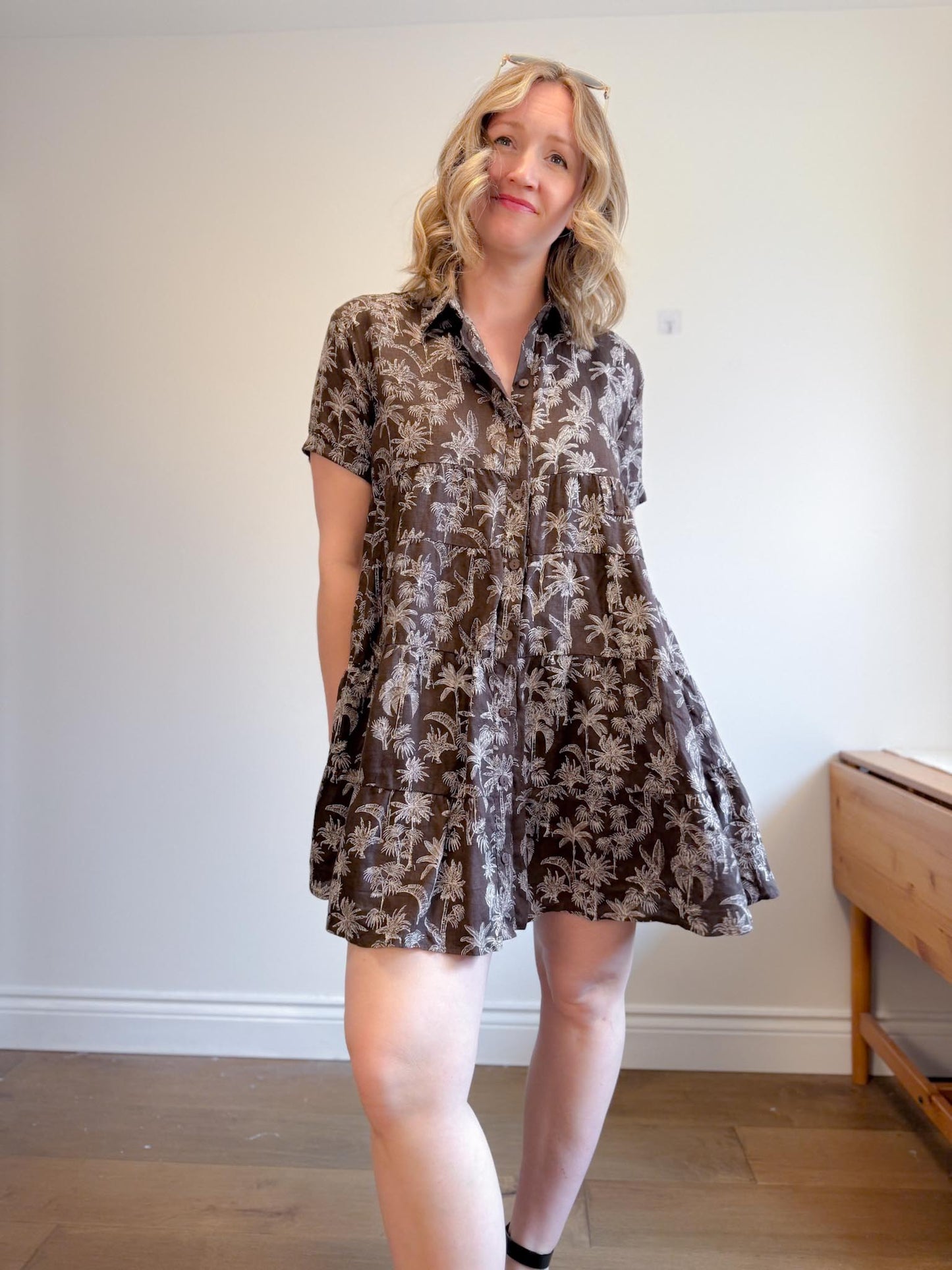 DECJUBA Babydoll Linen Mini Dress in Brown/White Print (Size S-L)
