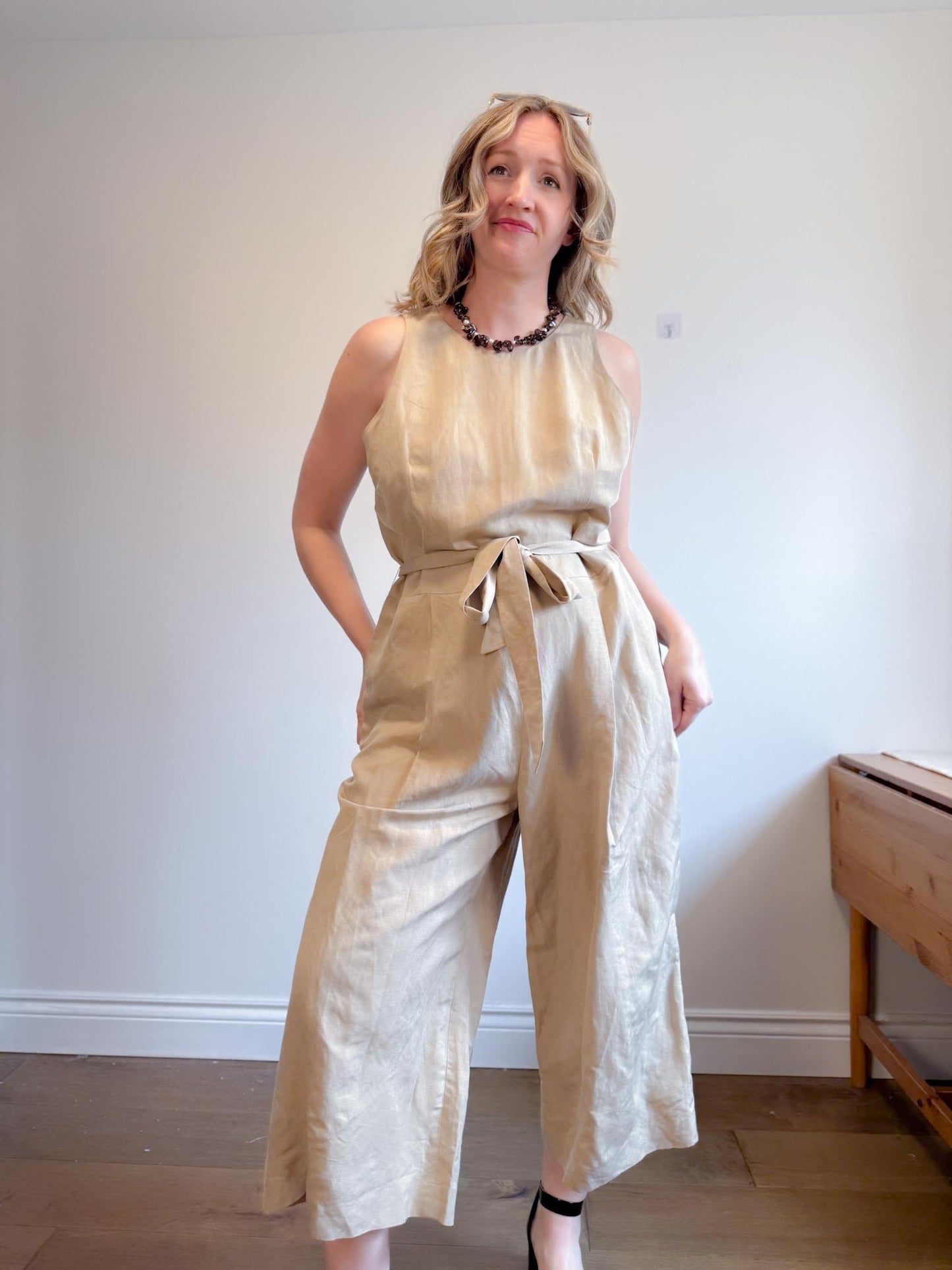 Banana Republic Wide Leg Linen Jumpsuit in Beige (Size 16)