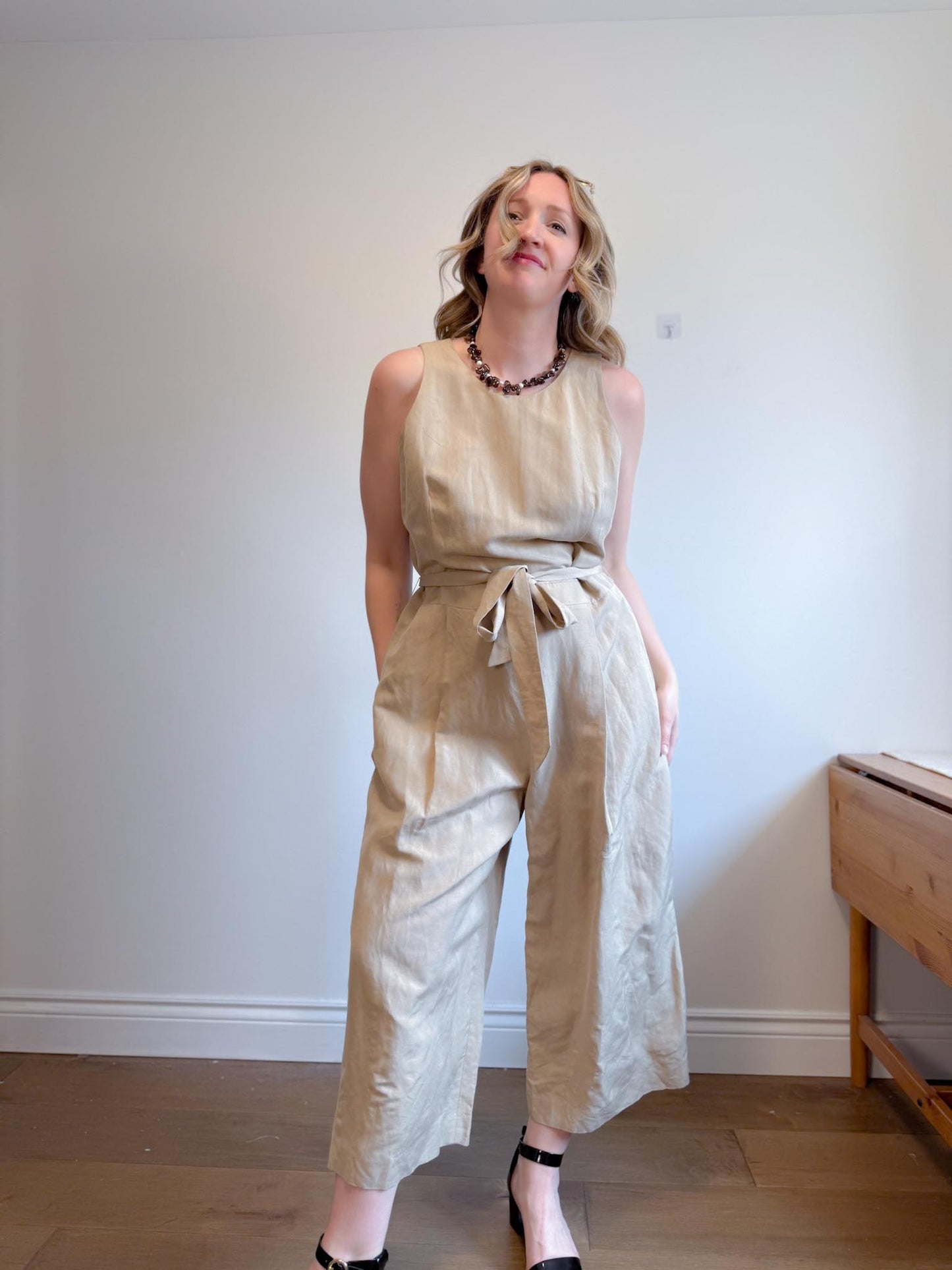 Banana Republic Wide Leg Linen Jumpsuit in Beige (Size 16)