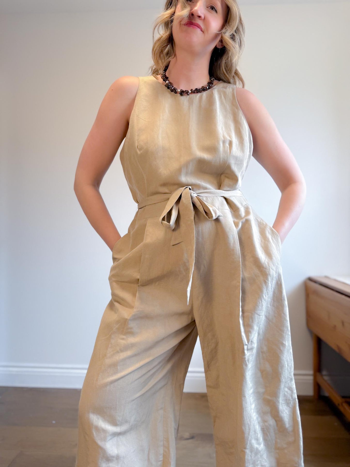 Banana Republic Wide Leg Linen Jumpsuit in Beige (Size 16)