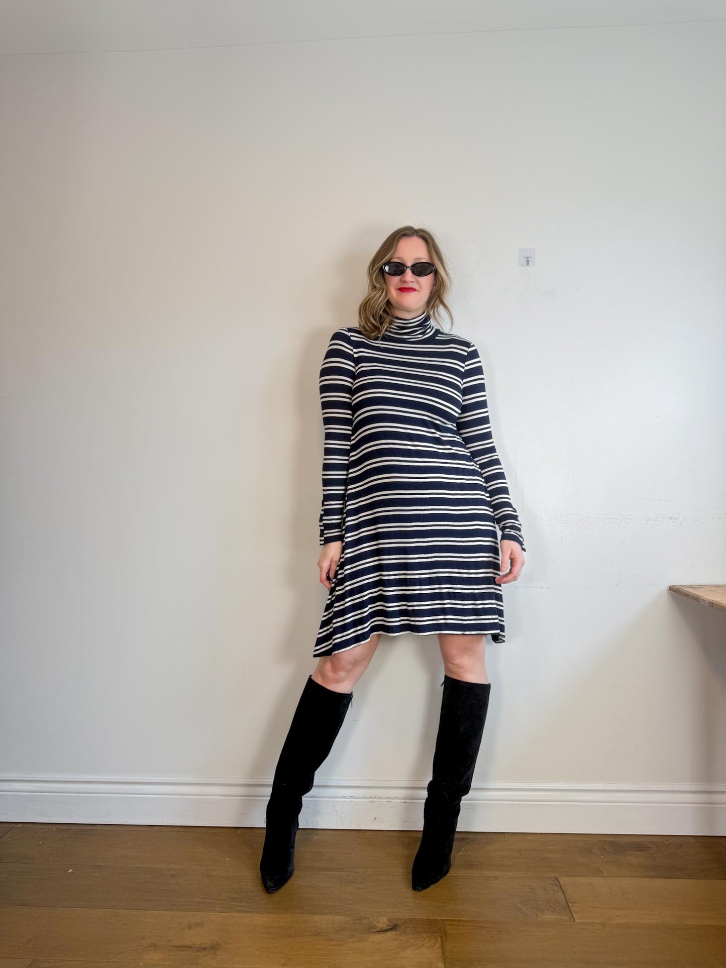 Anthropologie Maeve Turtleneck Swing Dress in Blue/White Stripe (Size M/L)