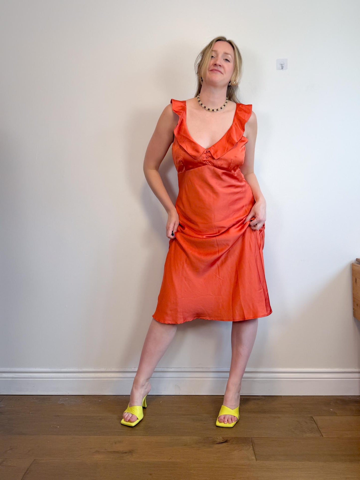 Lost + Wonder Ruffled Satin Midi Dress in Orange (Size L)