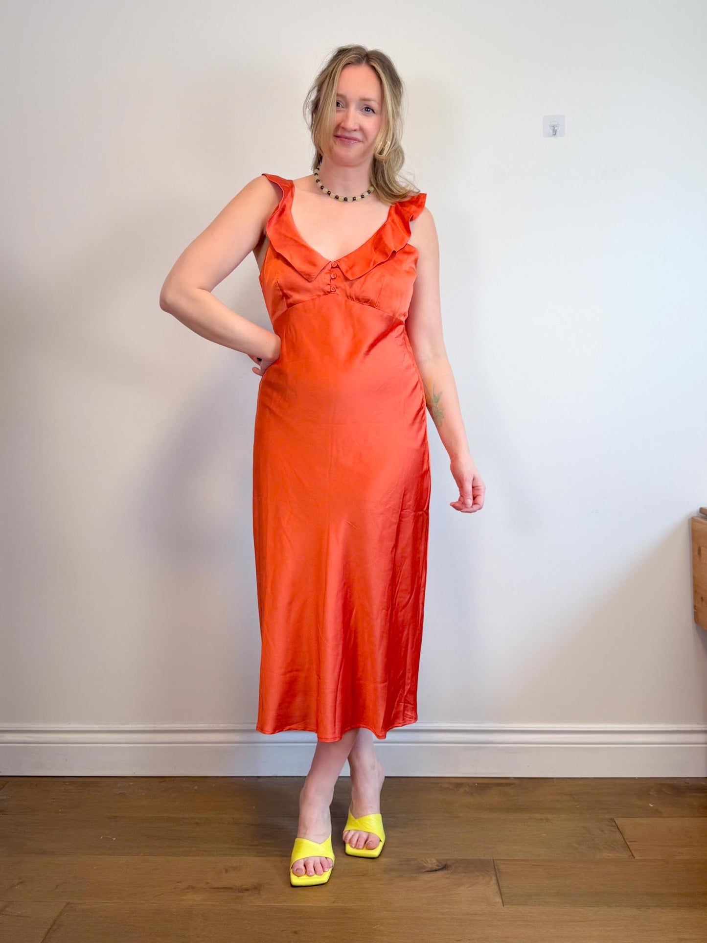 Lost + Wonder Ruffled Satin Midi Dress in Orange (Size L)