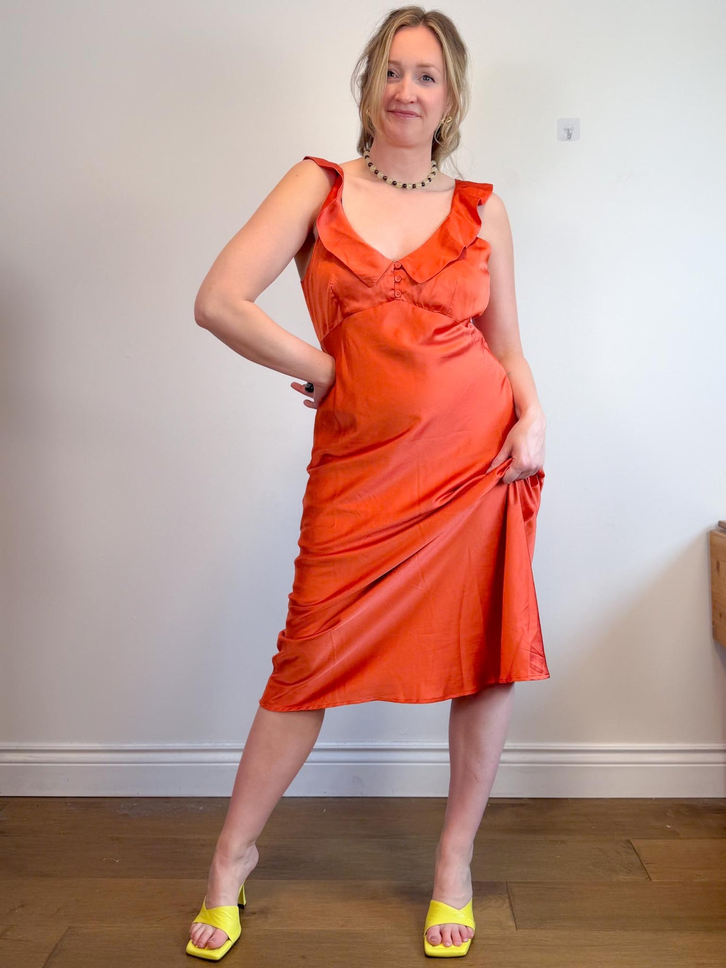 Lost + Wonder Ruffled Satin Midi Dress in Orange (Size L)