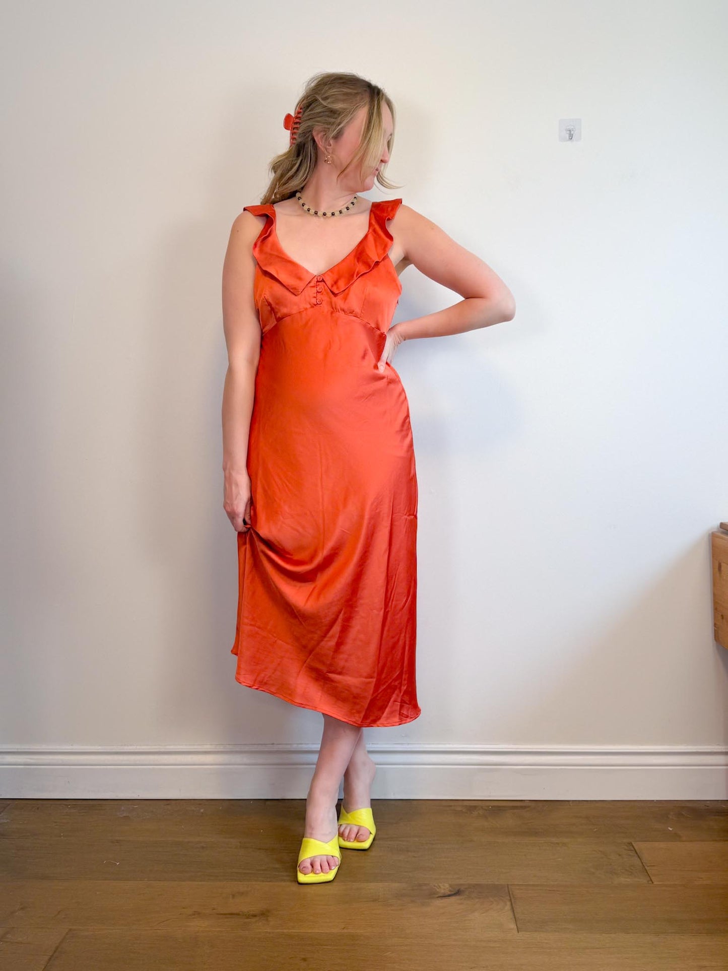 Lost + Wonder Ruffled Satin Midi Dress in Orange (Size L)