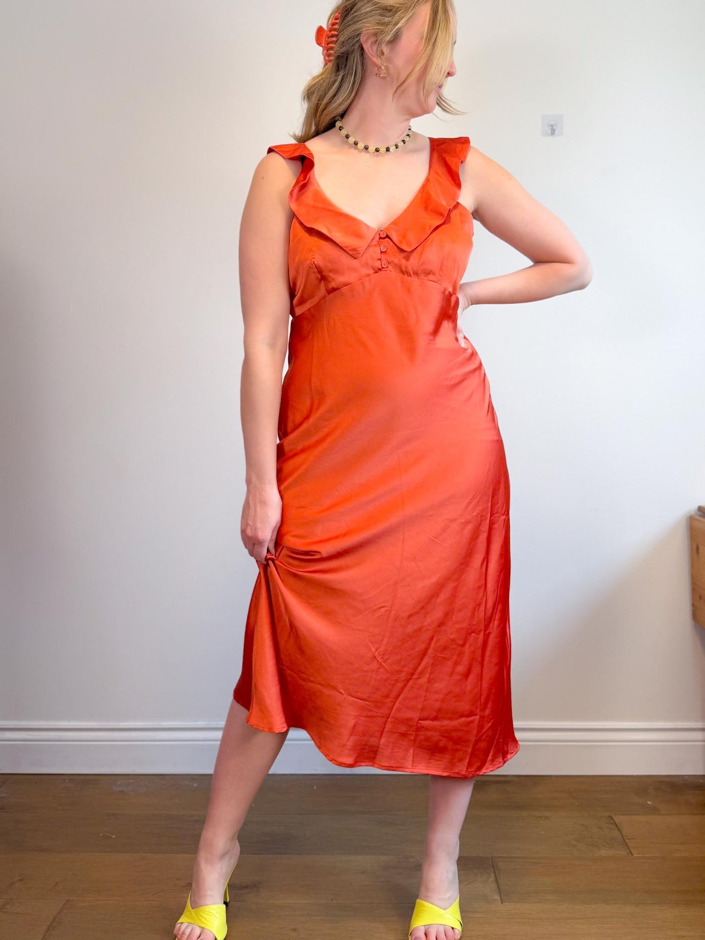 Lost + Wonder Ruffled Satin Midi Dress in Orange (Size L)