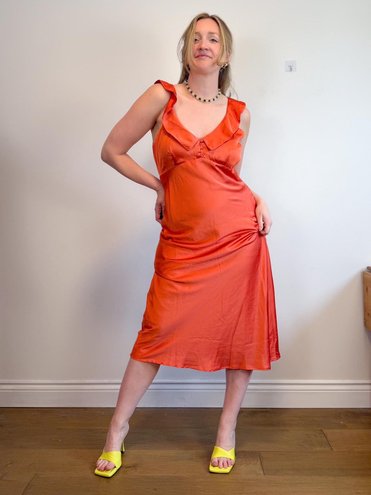 Lost + Wonder Ruffled Satin Midi Dress in Orange (Size L)