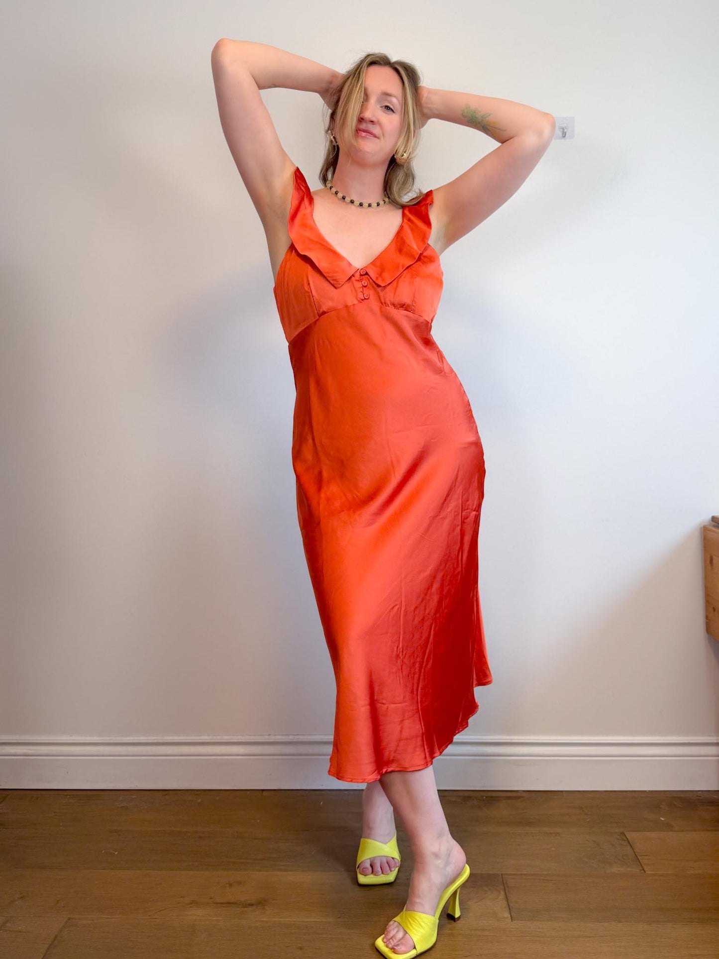 Lost + Wonder Ruffled Satin Midi Dress in Orange (Size L)