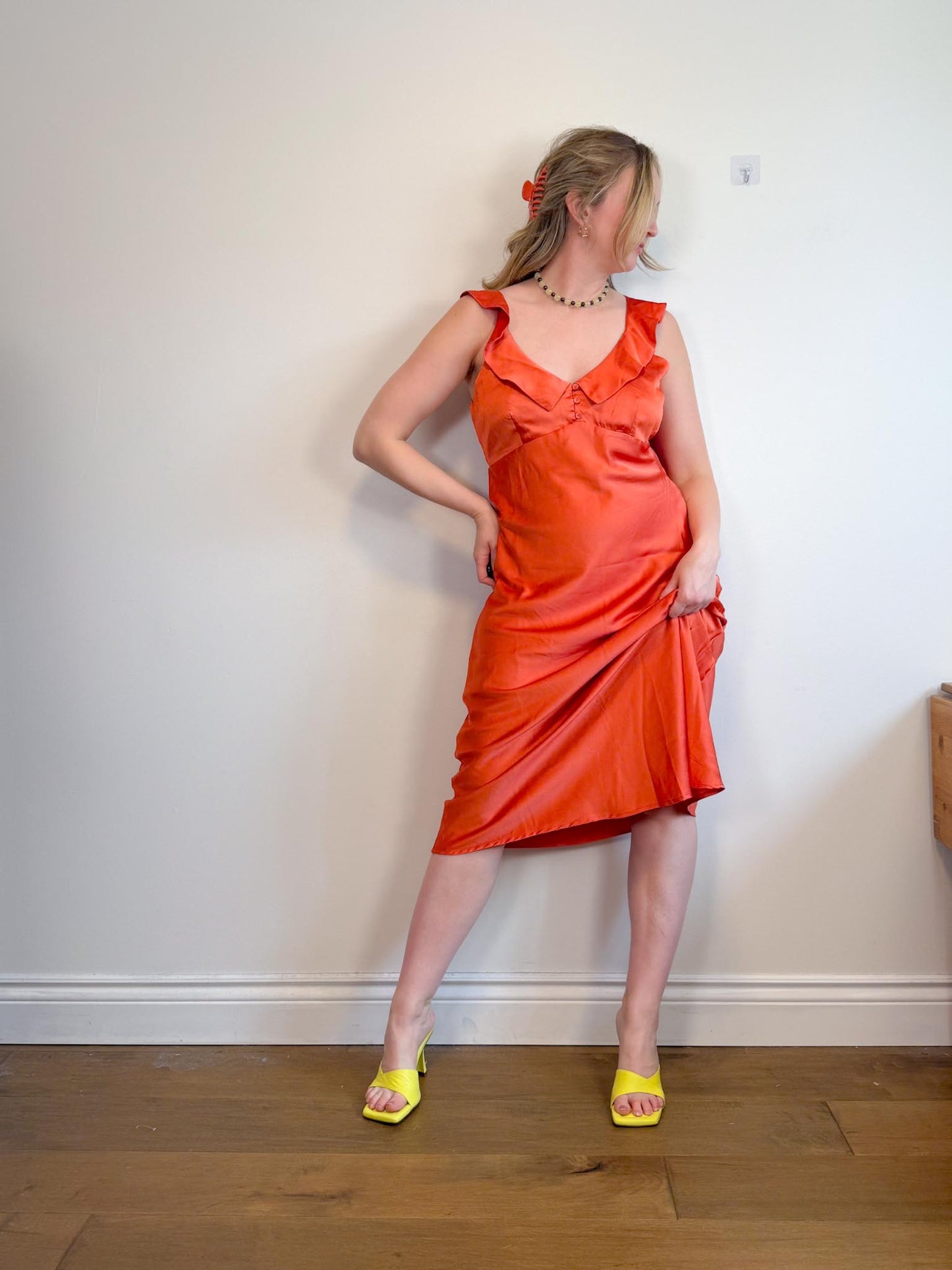 Lost + Wonder Ruffled Satin Midi Dress in Orange (Size L)