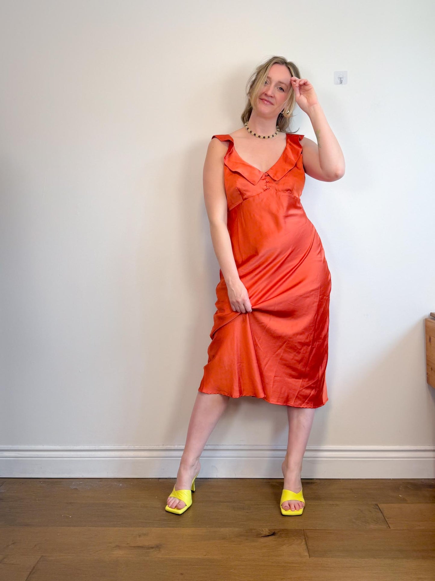 Lost + Wonder Ruffled Satin Midi Dress in Orange (Size L)