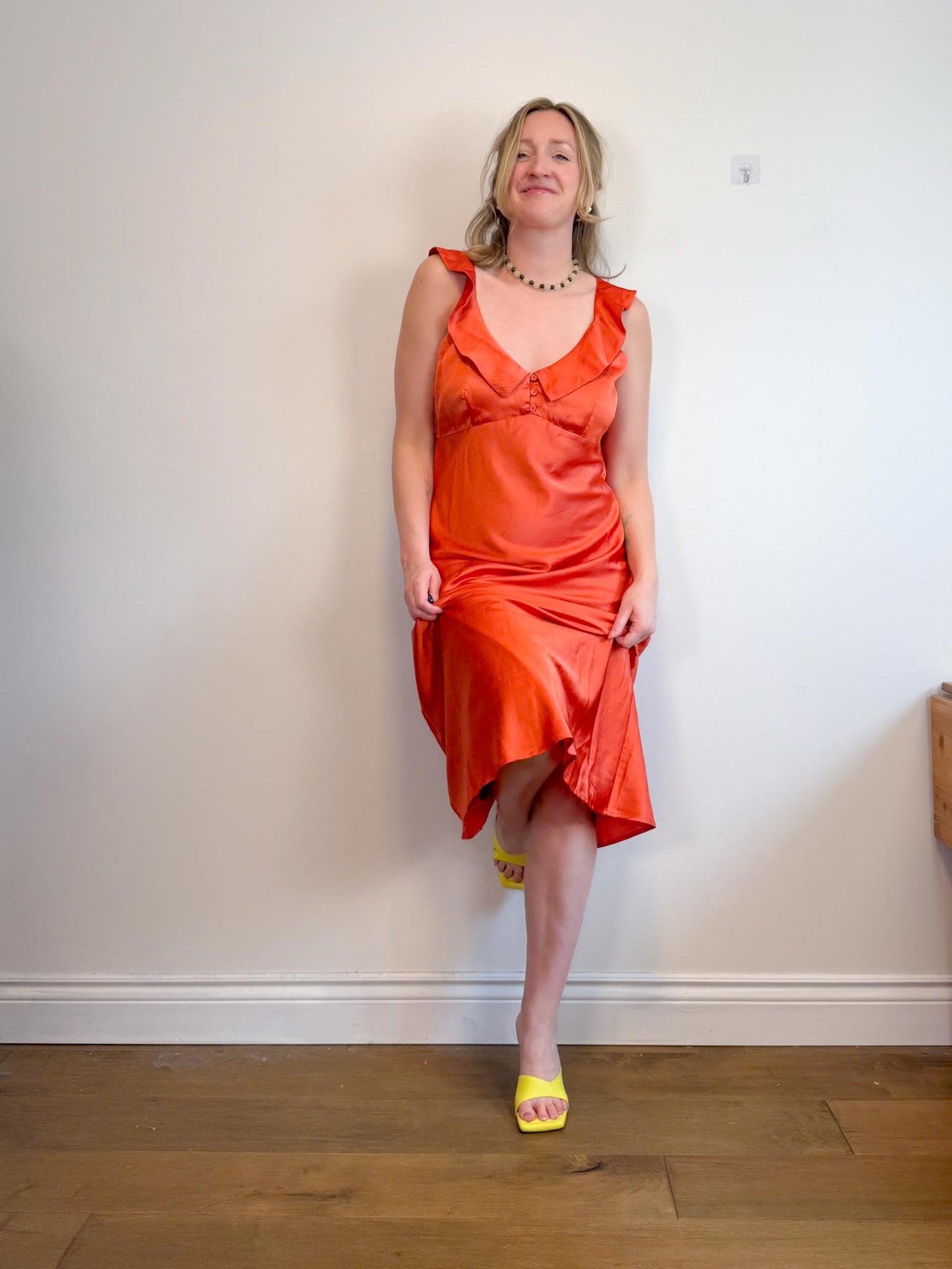 Lost + Wonder Ruffled Satin Midi Dress in Orange (Size L)