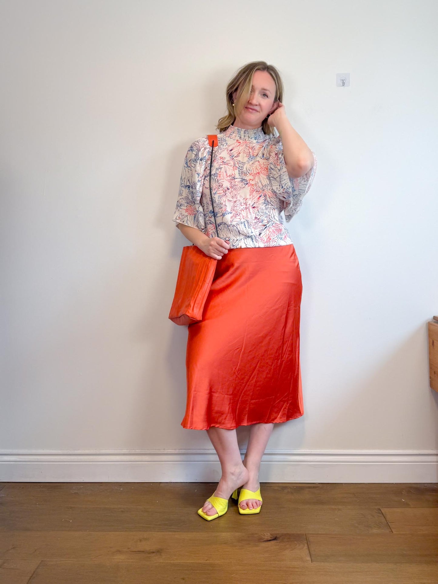 Lost + Wonder Ruffled Satin Midi Dress in Orange (Size L)