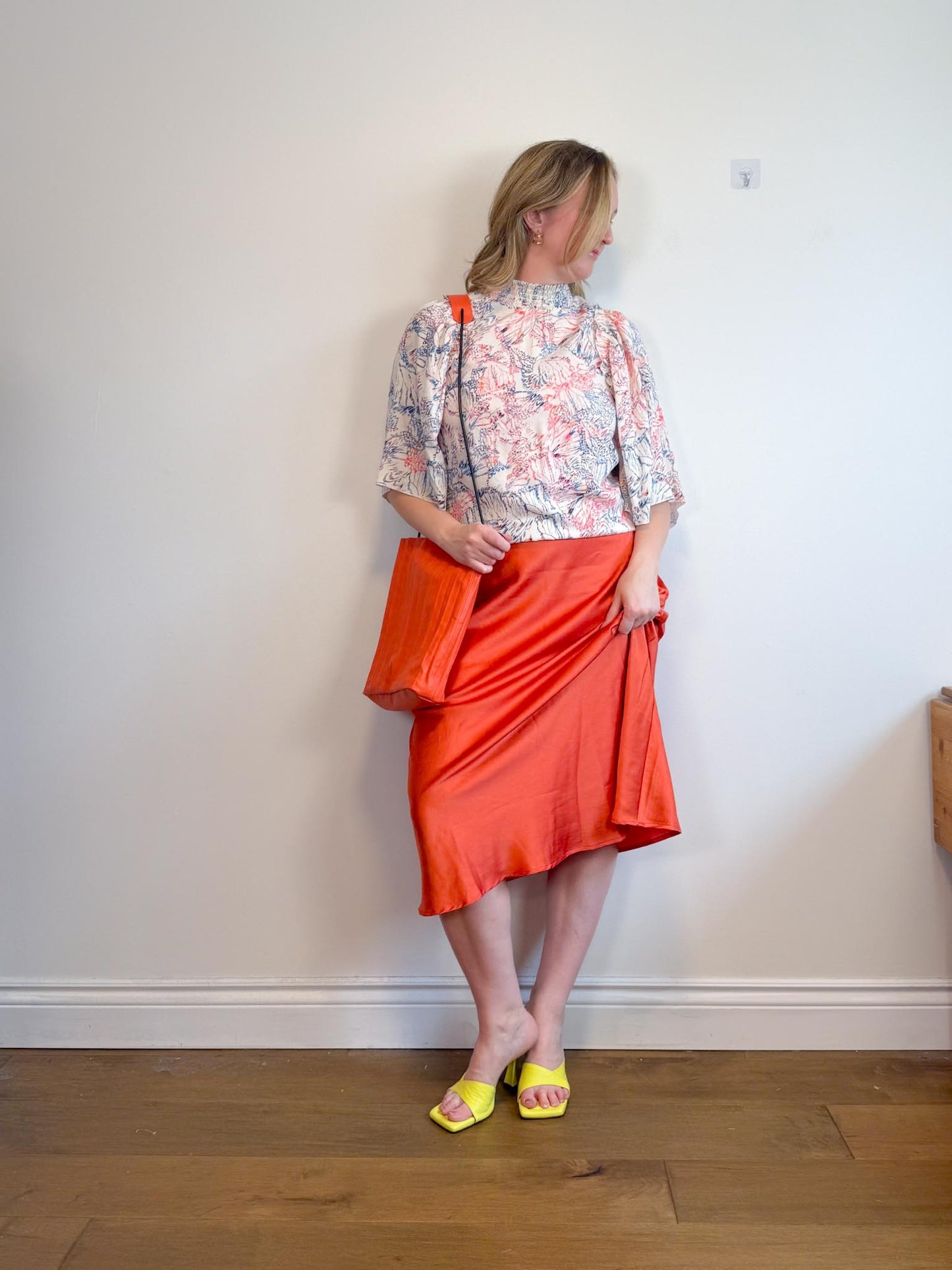 Lost + Wonder Ruffled Satin Midi Dress in Orange (Size L)
