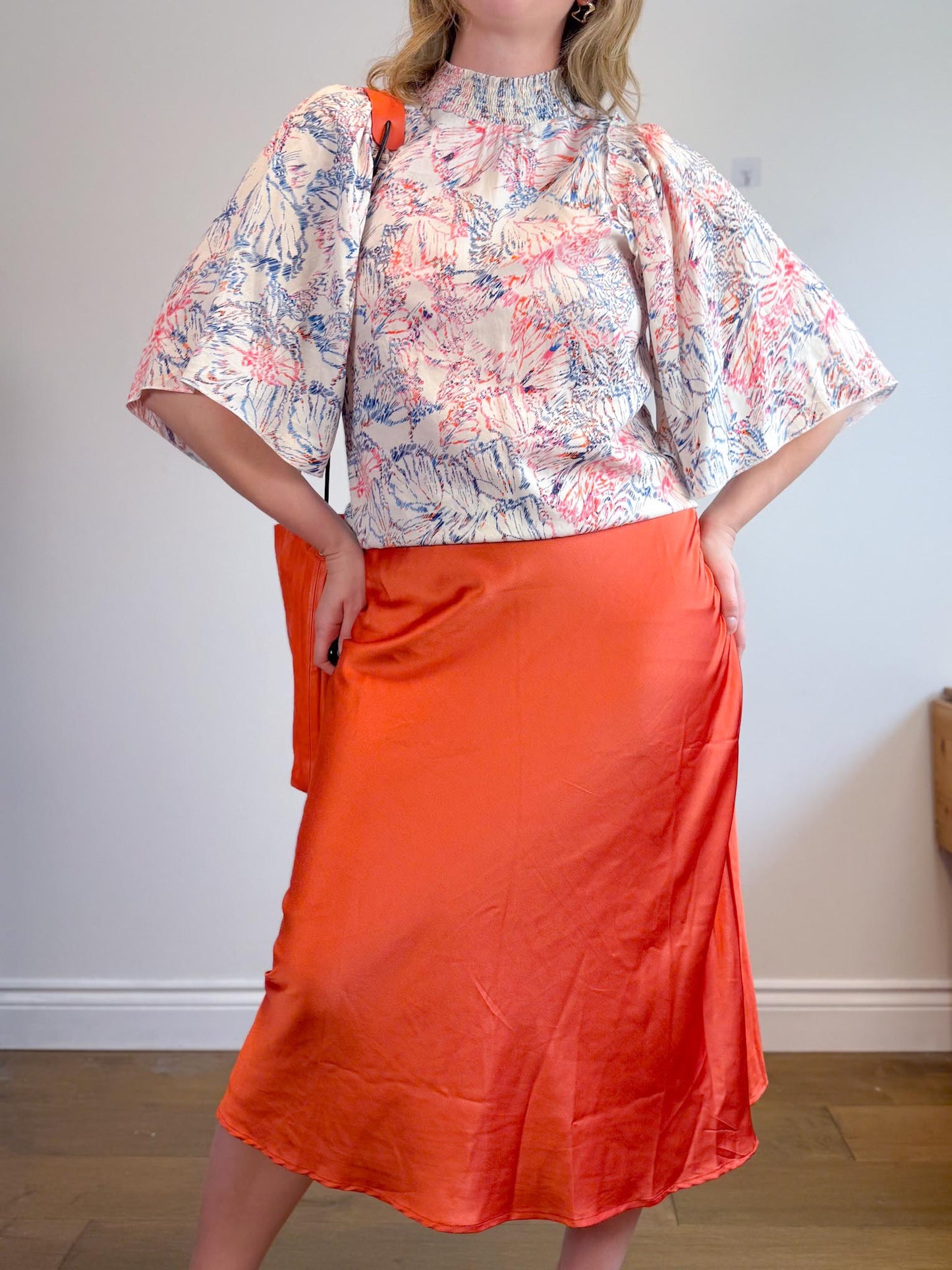 Lost + Wonder Ruffled Satin Midi Dress in Orange (Size L)