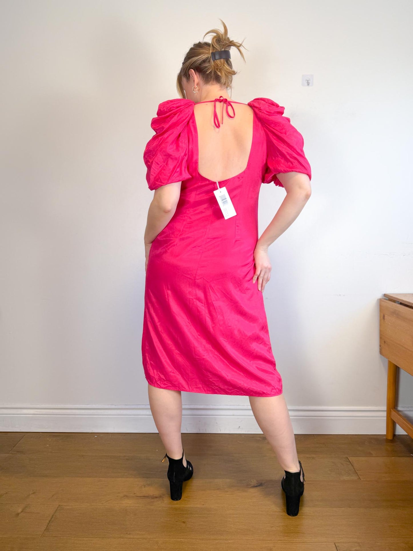 Hudson North Puff Sleeve Midi Dress in Hot Pink NWT (Size L)