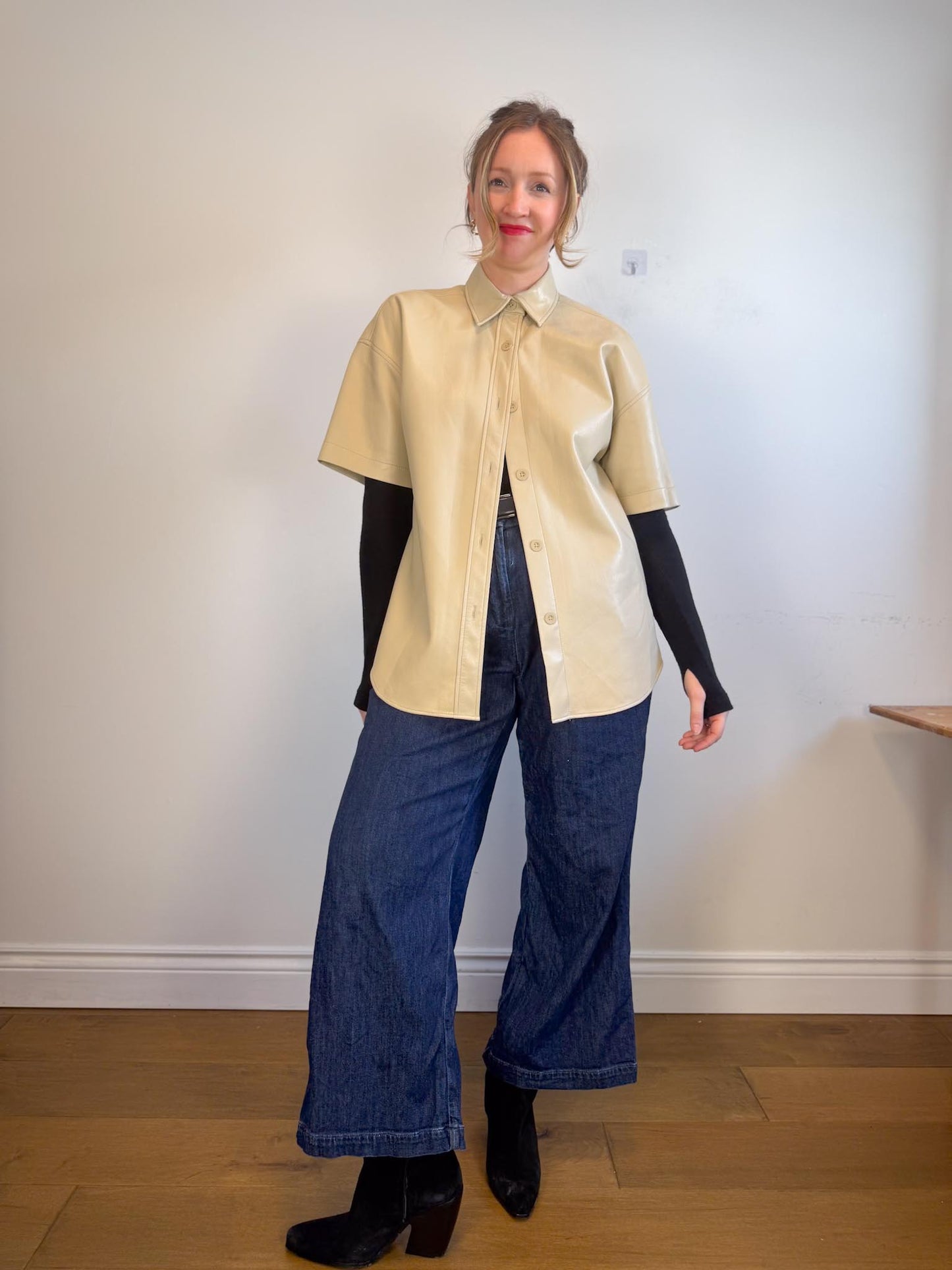 Babaton Frances Faux Leather Shirt in Cream (Size M/L)