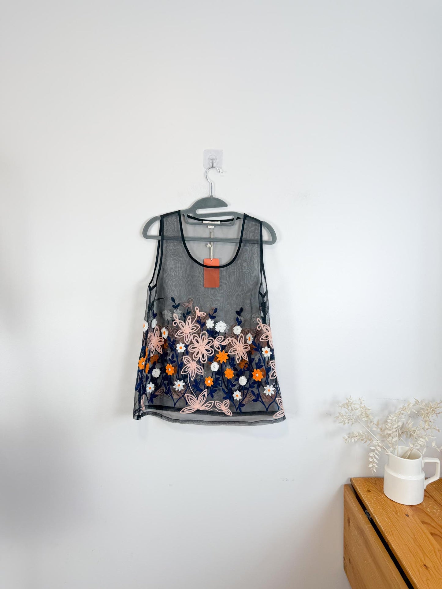 Sheer Floral Embroidered Top in Black NWT (Size M/L)