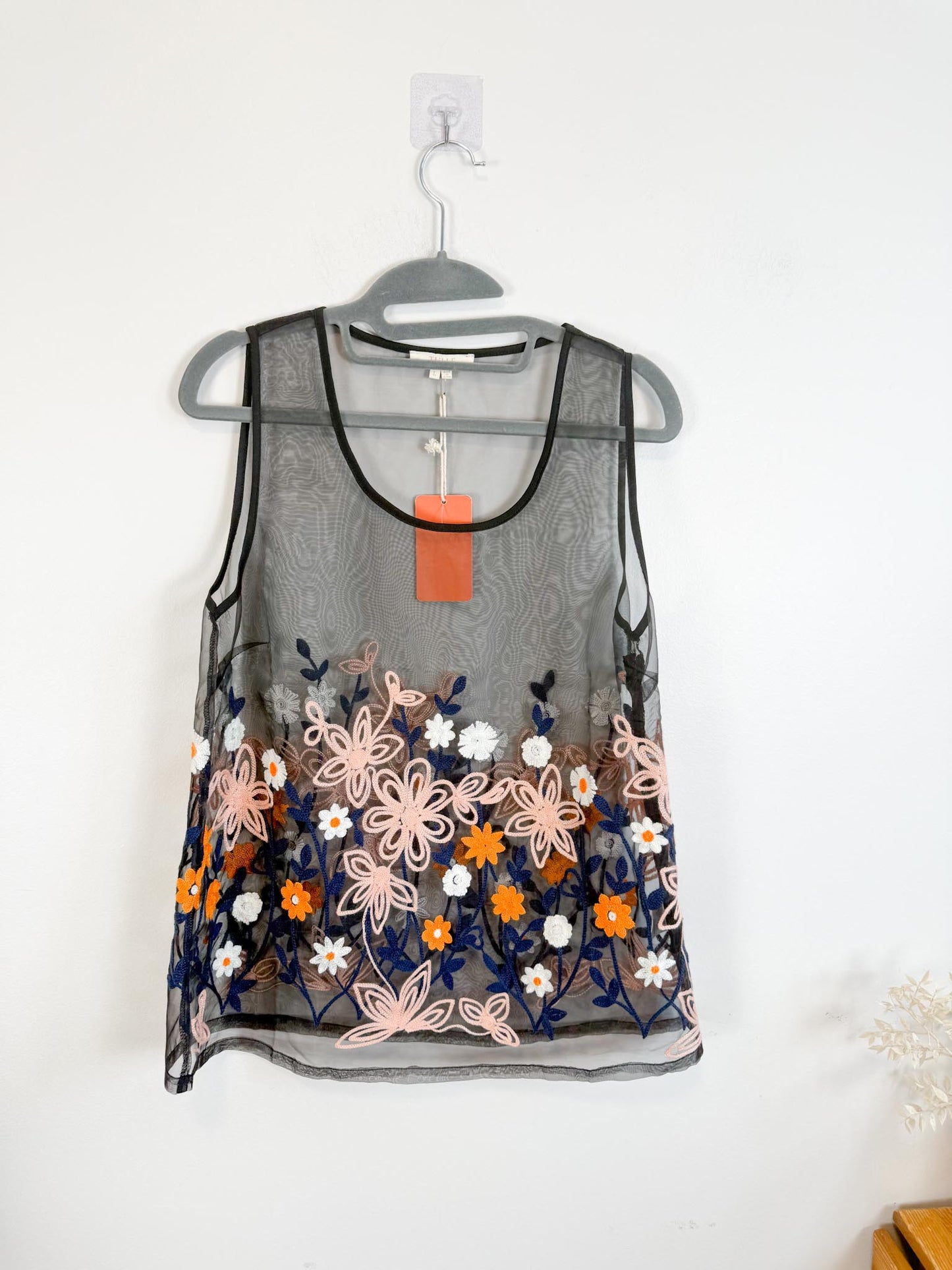 Sheer Floral Embroidered Top in Black NWT (Size M/L)