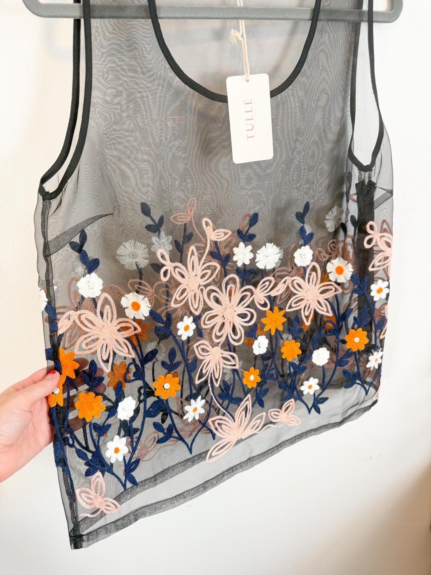 Sheer Floral Embroidered Top in Black NWT (Size M/L)