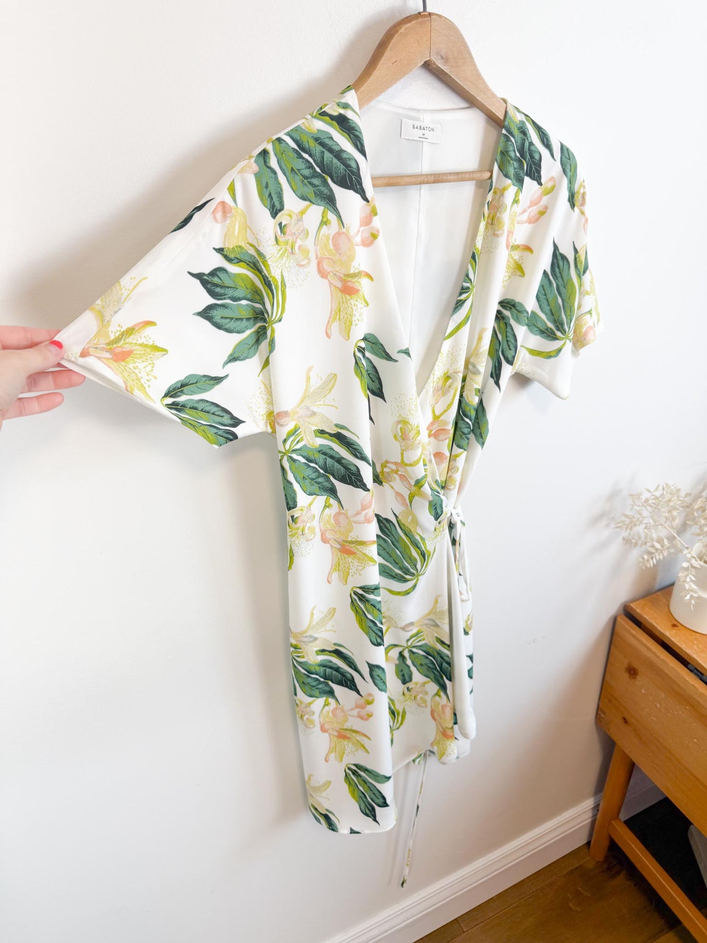 Babaton Wallace Wrap Dress in White/Green Floral (Size M)