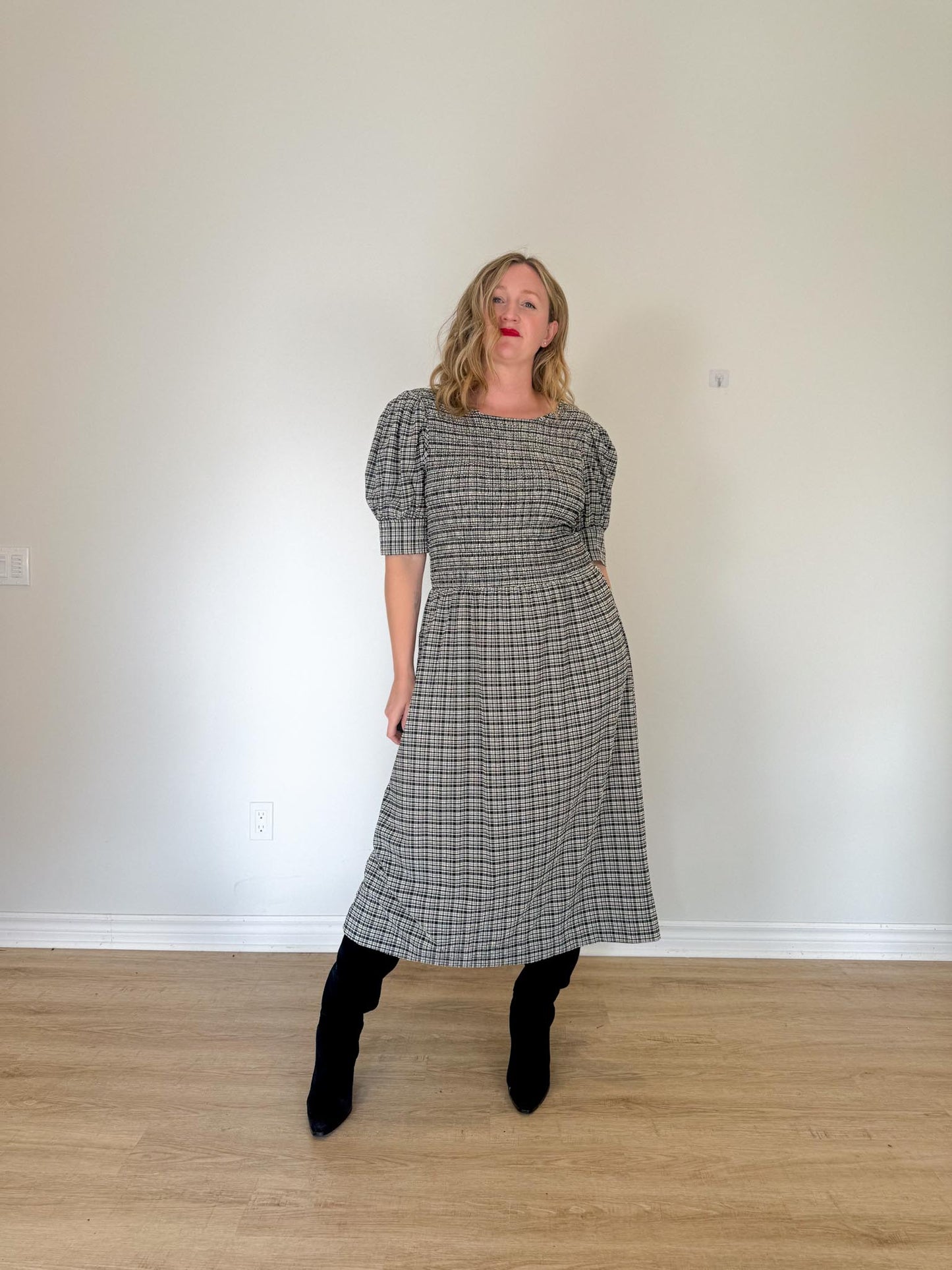 GANNI "Shirred Checked Recycled Seersucker Midi Dress in Black/White" (Size L)