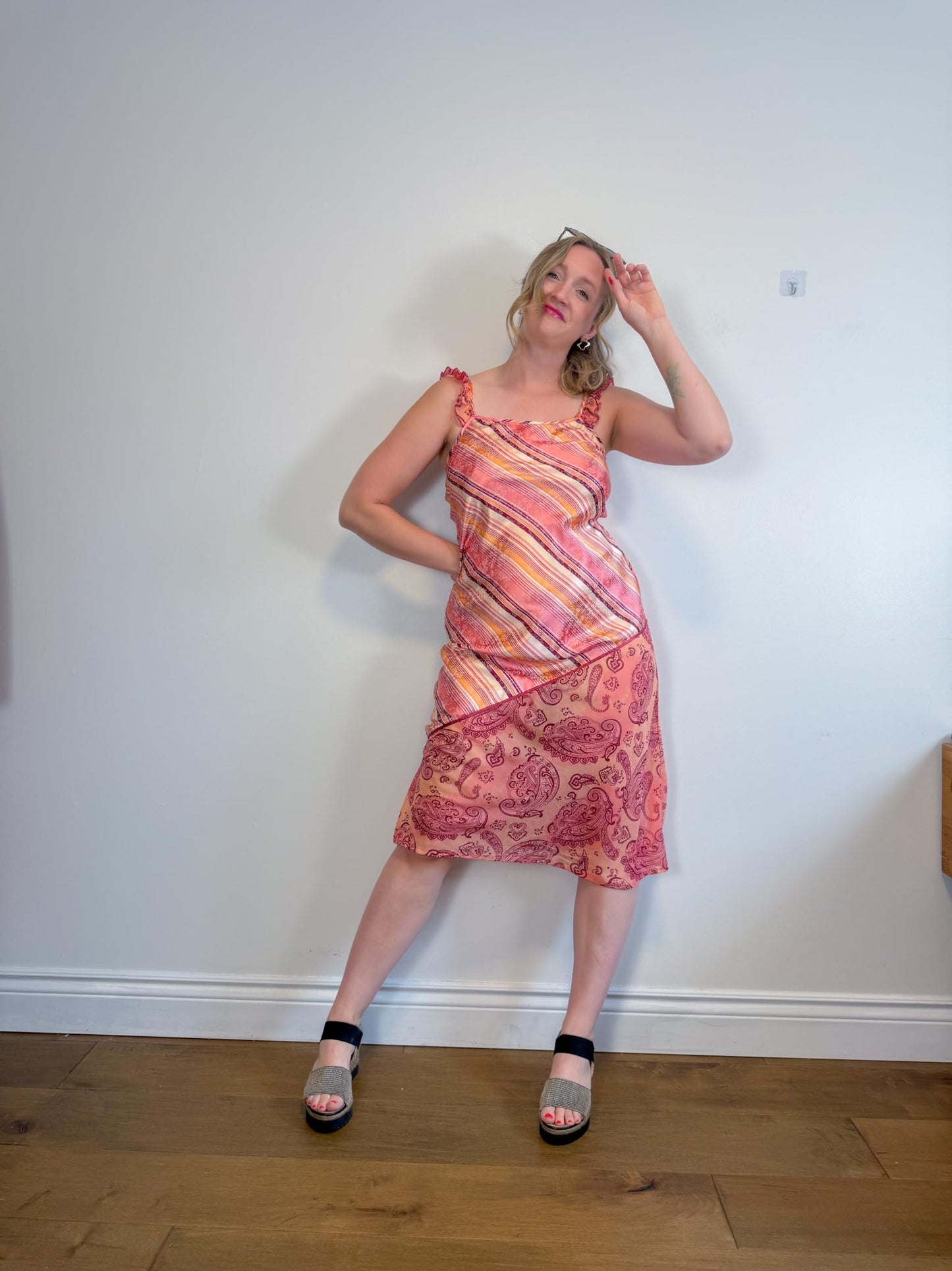 Vintage Slip Dress in Pink Stripe/Floral (Size M)