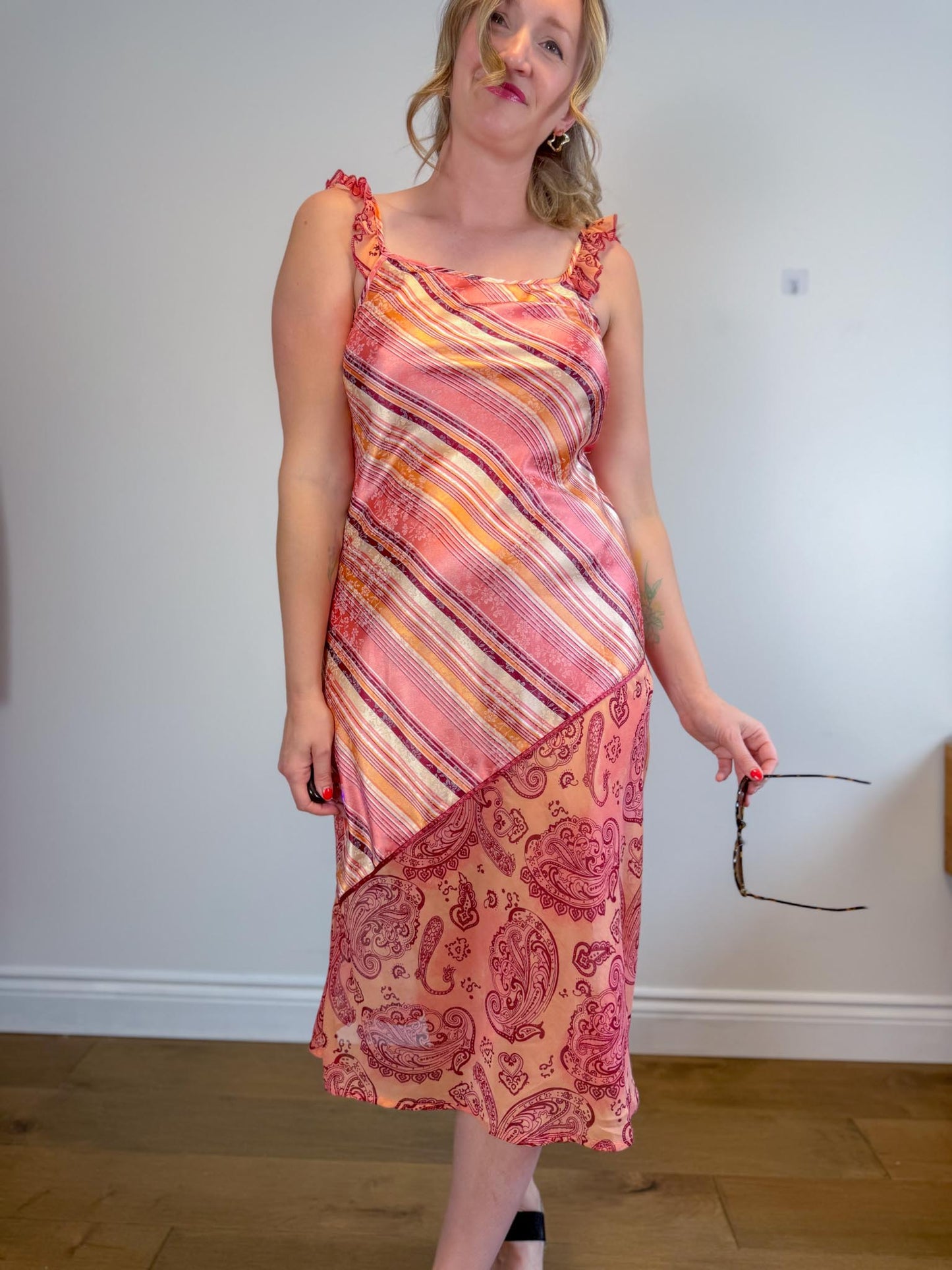 Vintage Slip Dress in Pink Stripe/Floral (Size M)