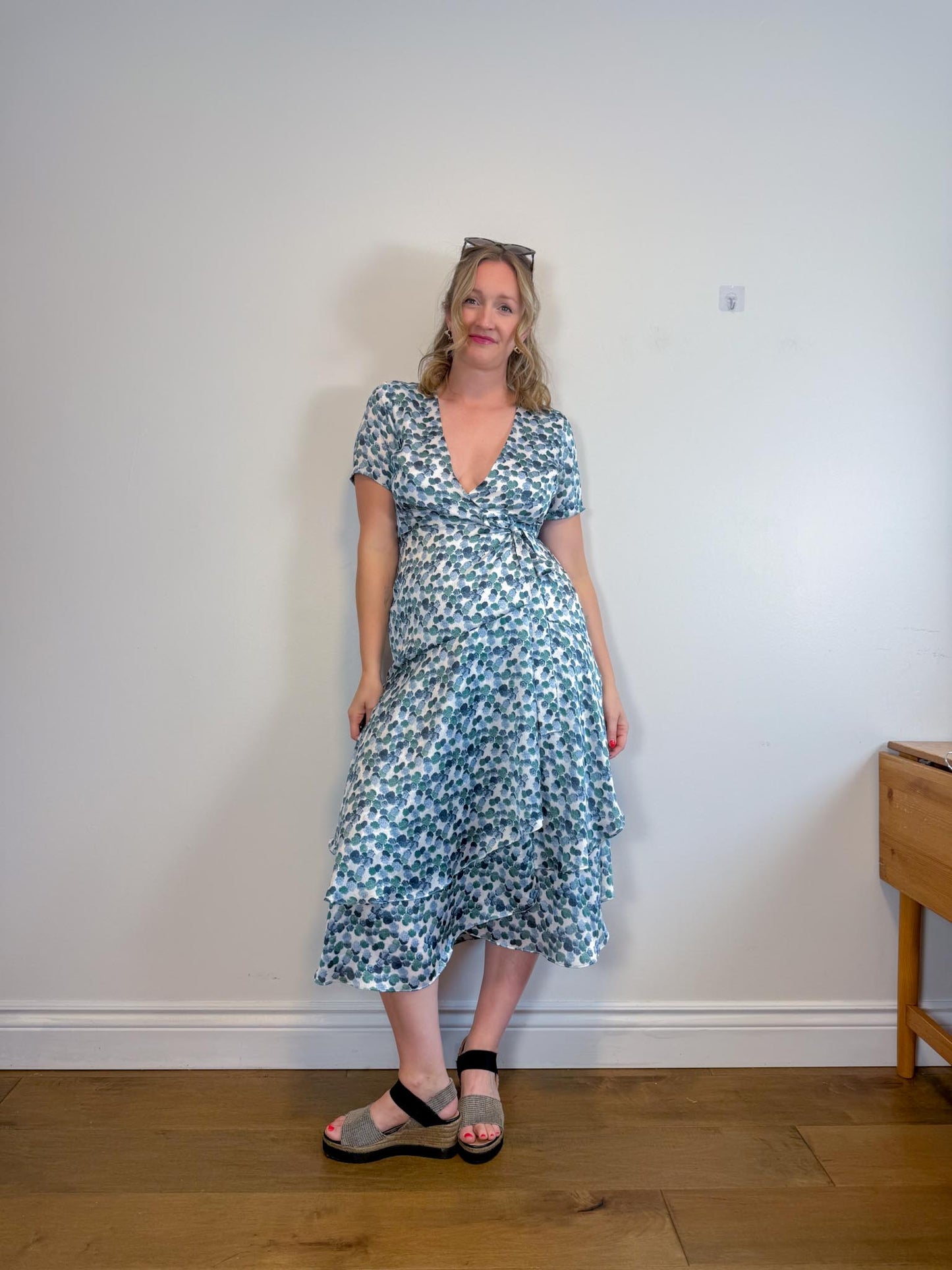 Club Monaco Wrap Dress in White/Blue/Green Print (Size M)