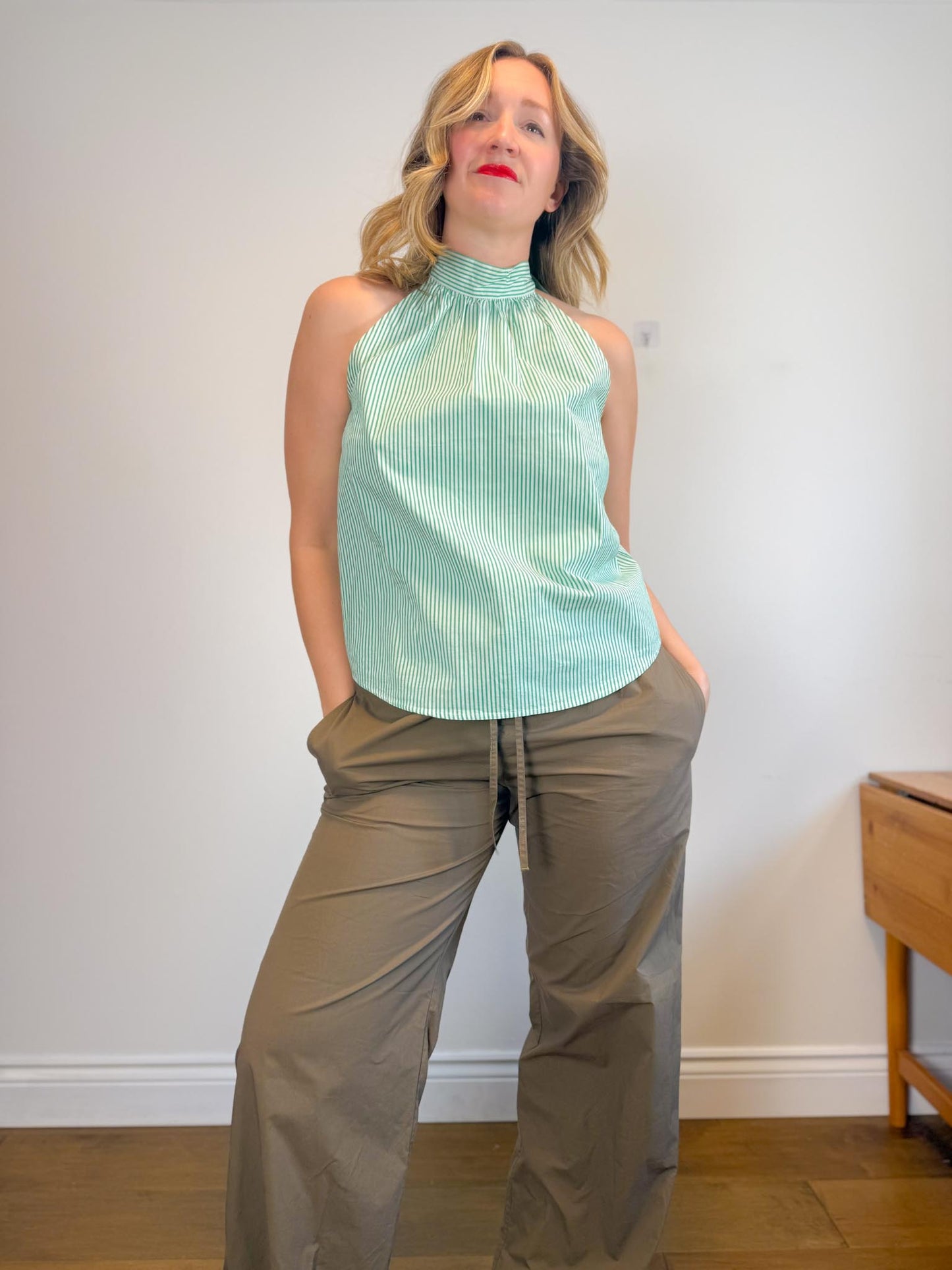 J.Crew "Tie-Neck Poplin Cotton Top in Green/White" (Size 10)