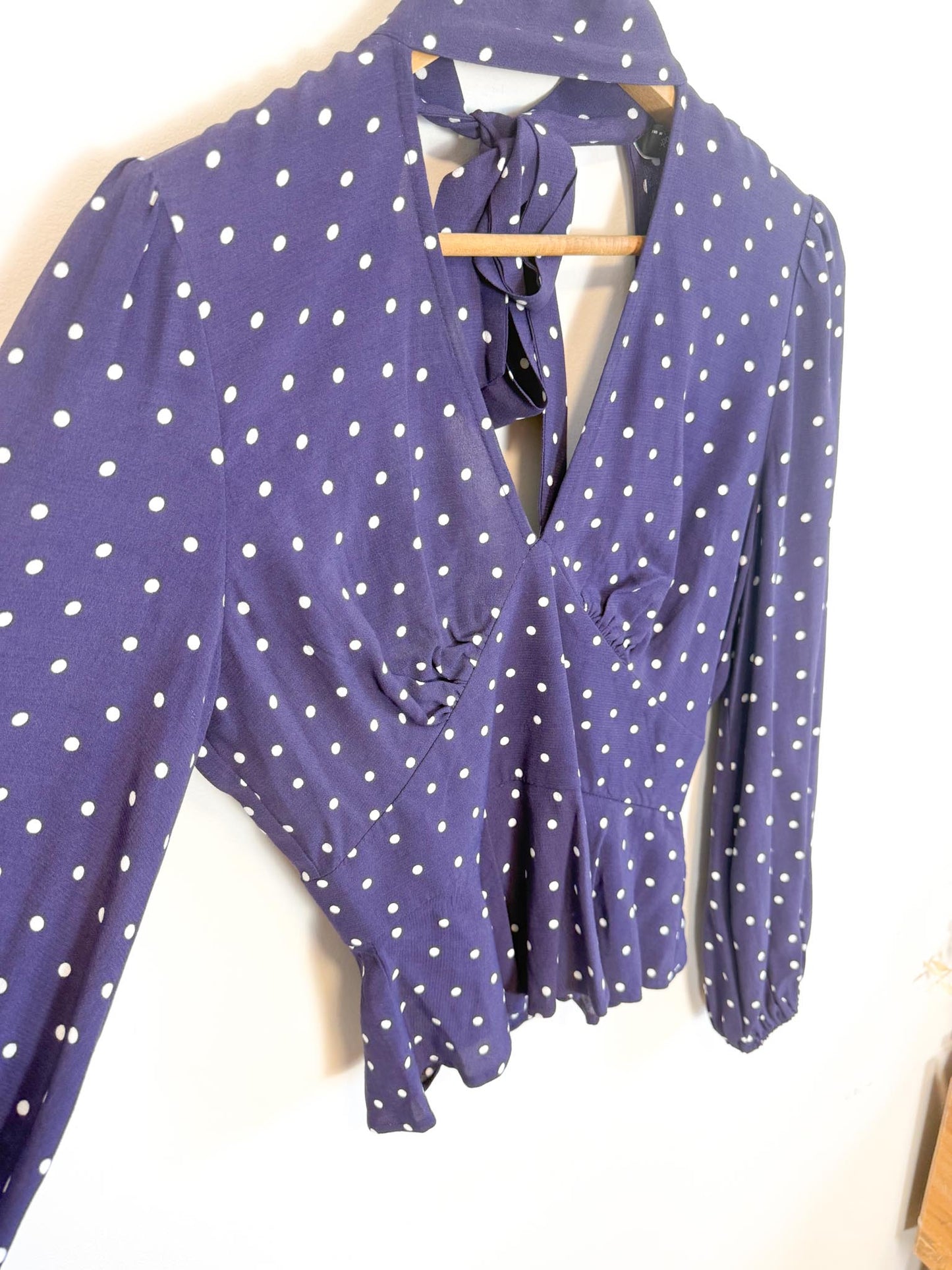 Nobody’s Child Polka Dot High Neck Blouse in Purple/White NWT(Size S)