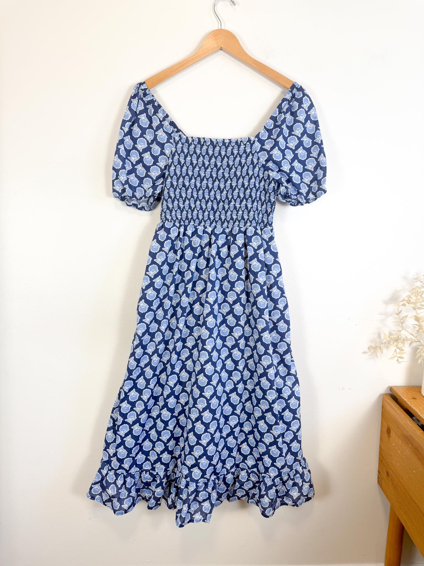 J.Crew Smocked Midi Dress with Puff Sleeves in Blue Print (Size S/M)
