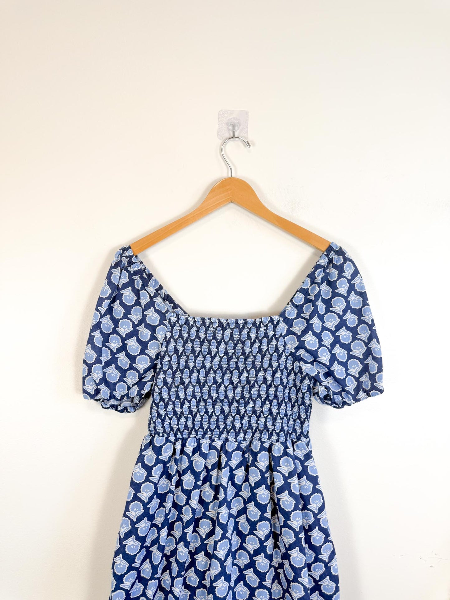 J.Crew Smocked Midi Dress with Puff Sleeves in Blue Print (Size S/M)