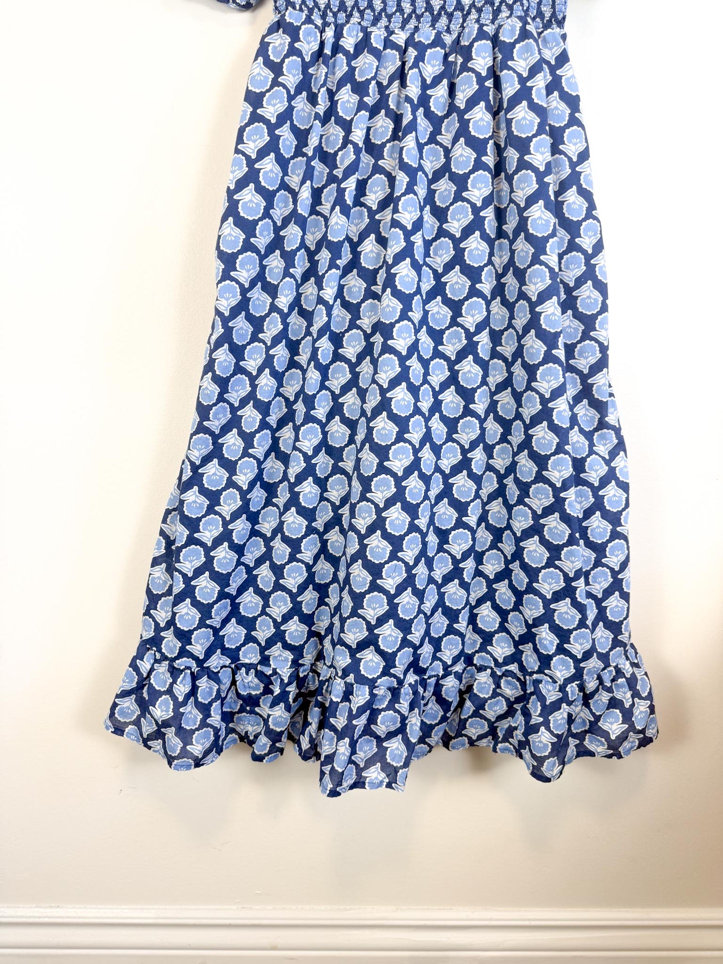 J.Crew Smocked Midi Dress with Puff Sleeves in Blue Print (Size S/M)