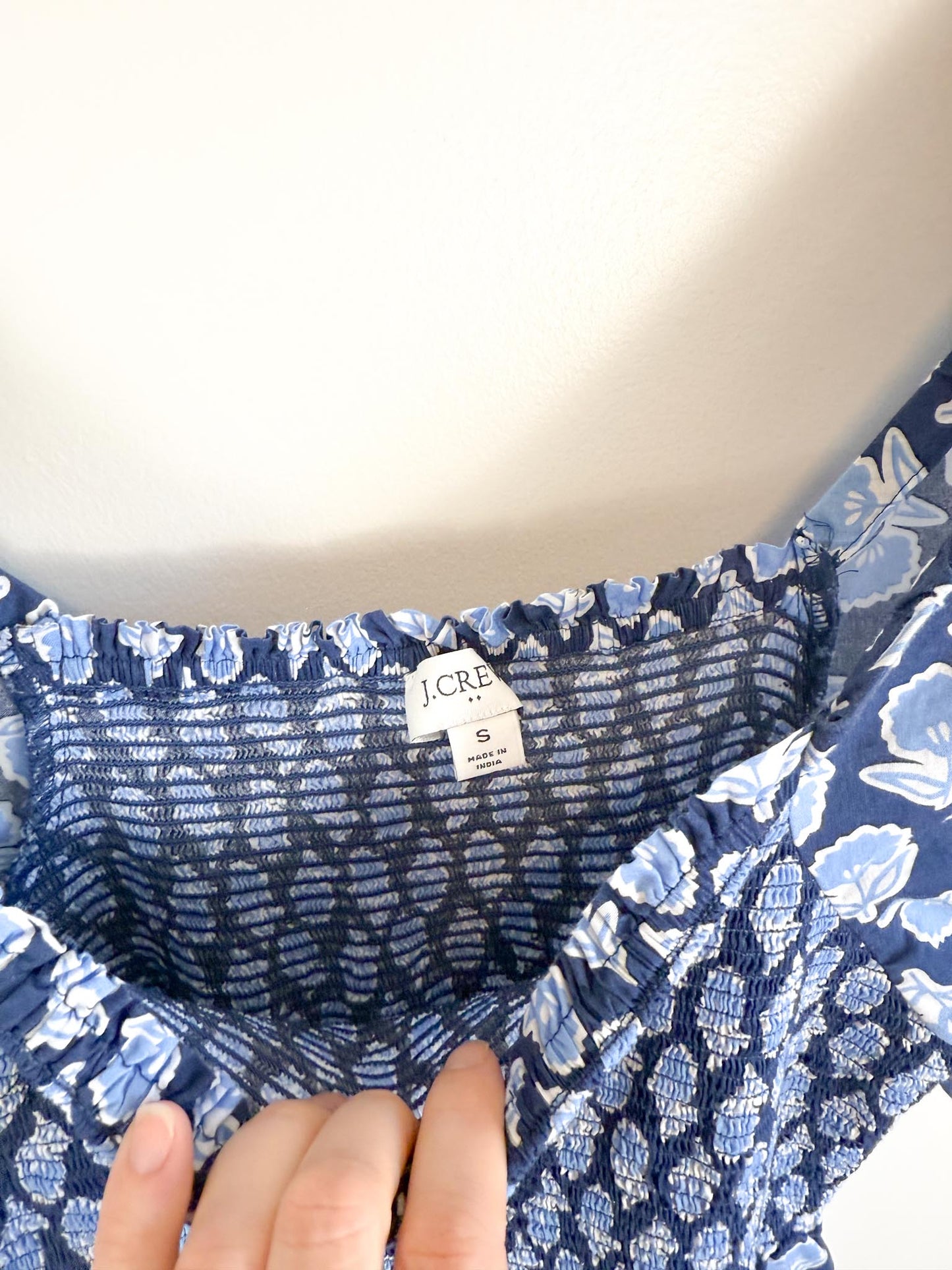 J.Crew Smocked Midi Dress with Puff Sleeves in Blue Print (Size S/M)