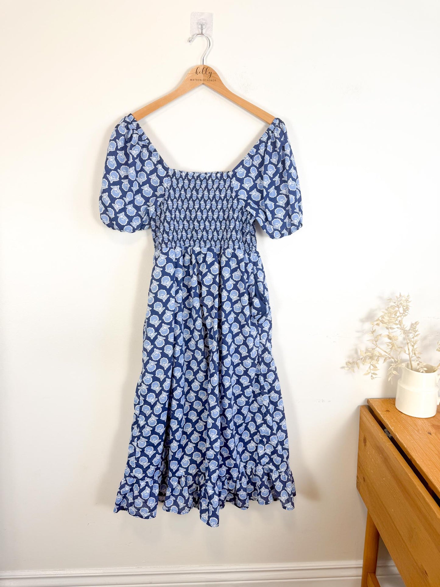 J.Crew Smocked Midi Dress with Puff Sleeves in Blue Print (Size S/M)