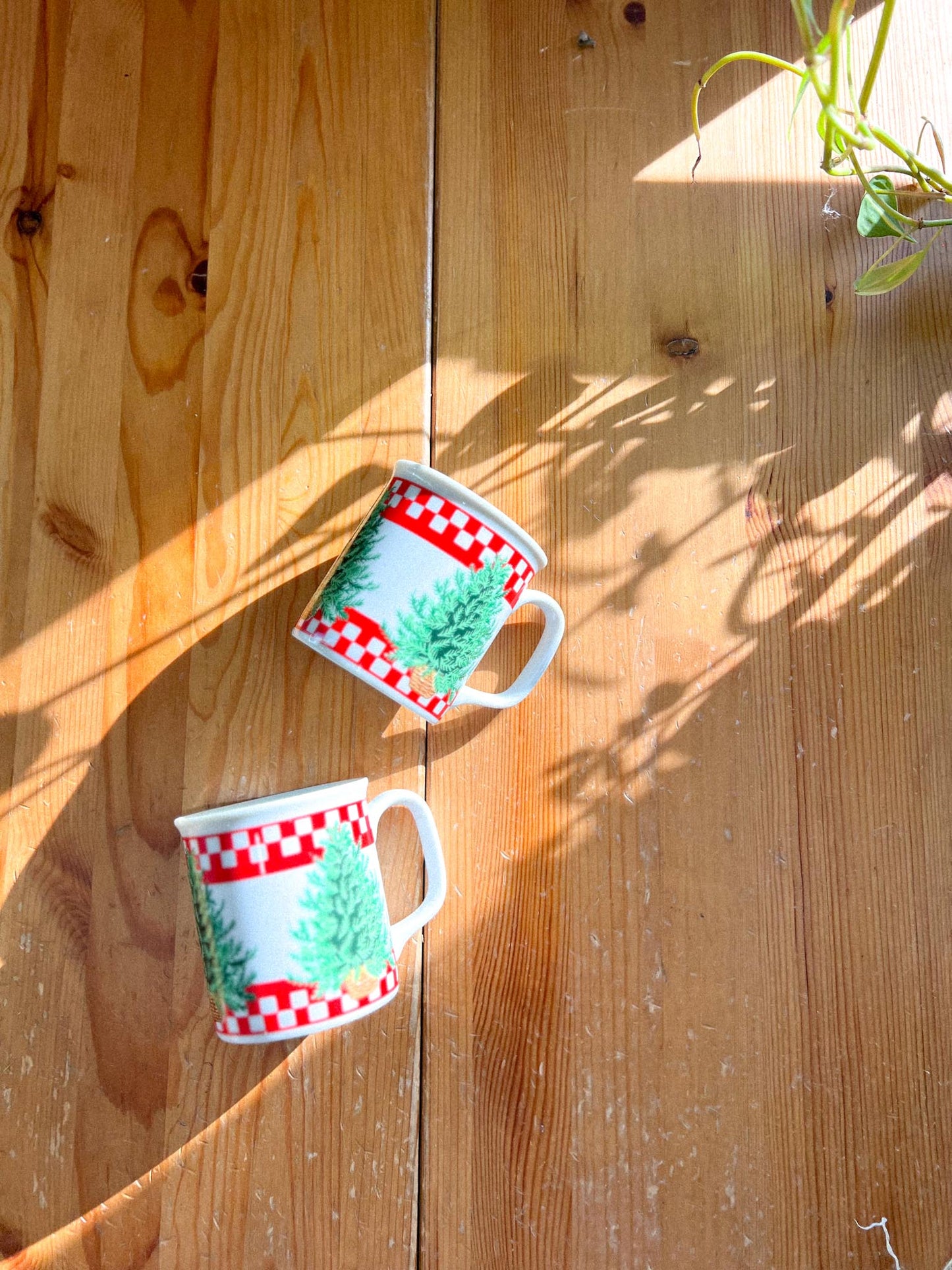 Vintage Red Check Pine Tree Mugs - Set of Two
