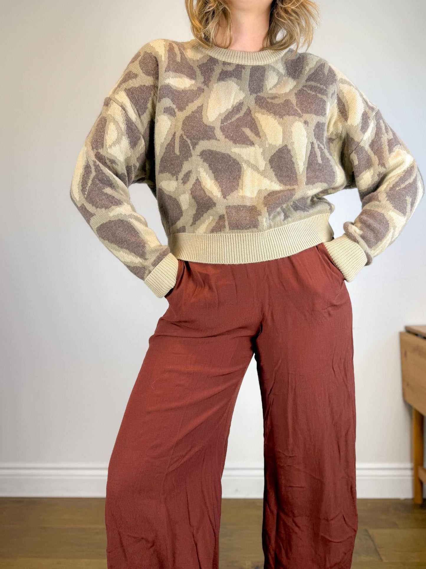 ba&sh Designer Cashmere & Wool Crewneck Sweater in Brown Print (Size M)