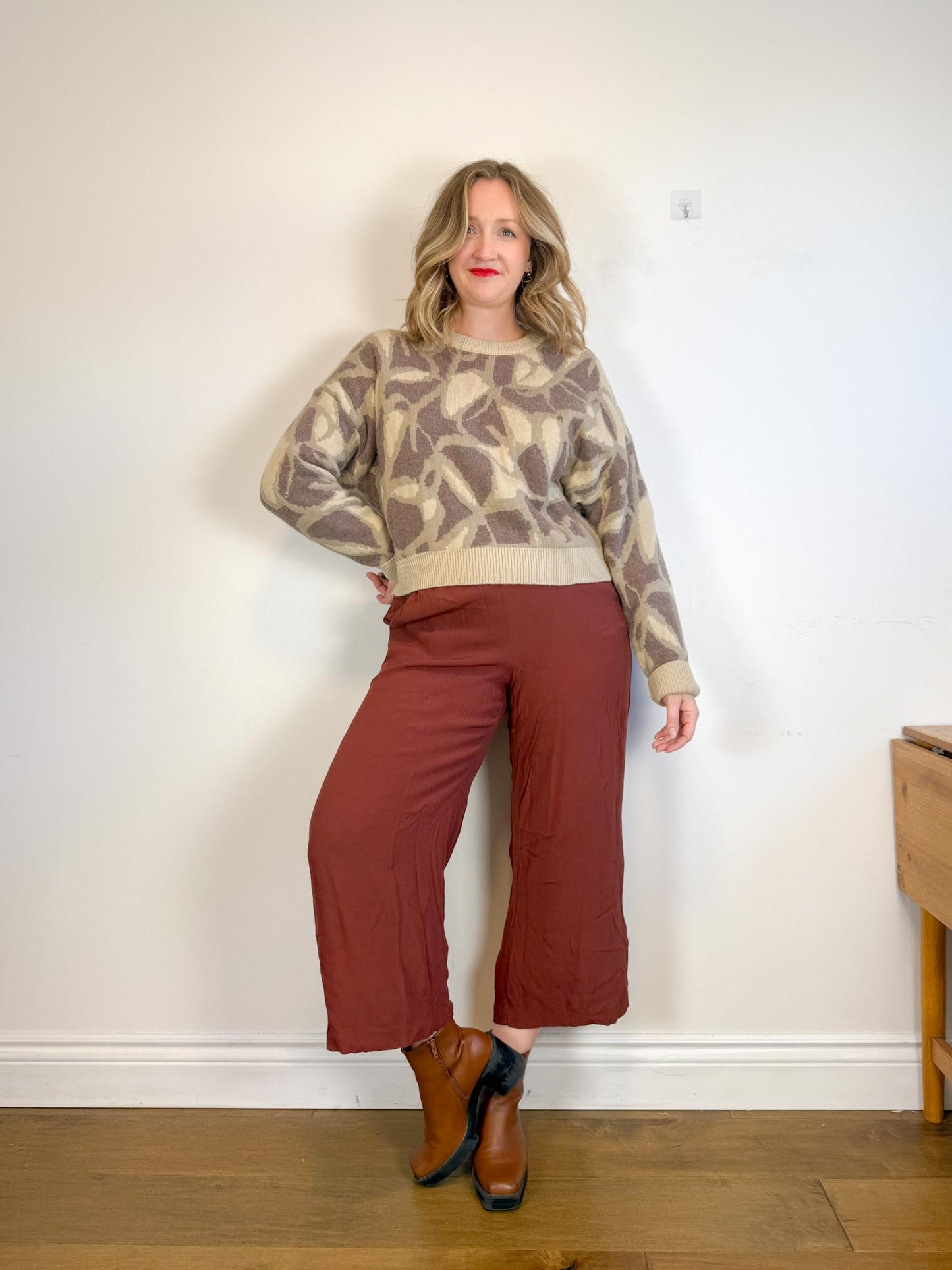 ba&sh Designer Cashmere & Wool Crewneck Sweater in Brown Print (Size M)