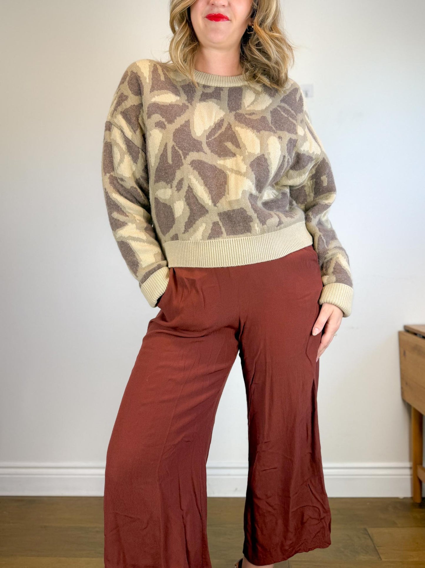 ba&sh Designer Cashmere & Wool Crewneck Sweater in Brown Print (Size M)