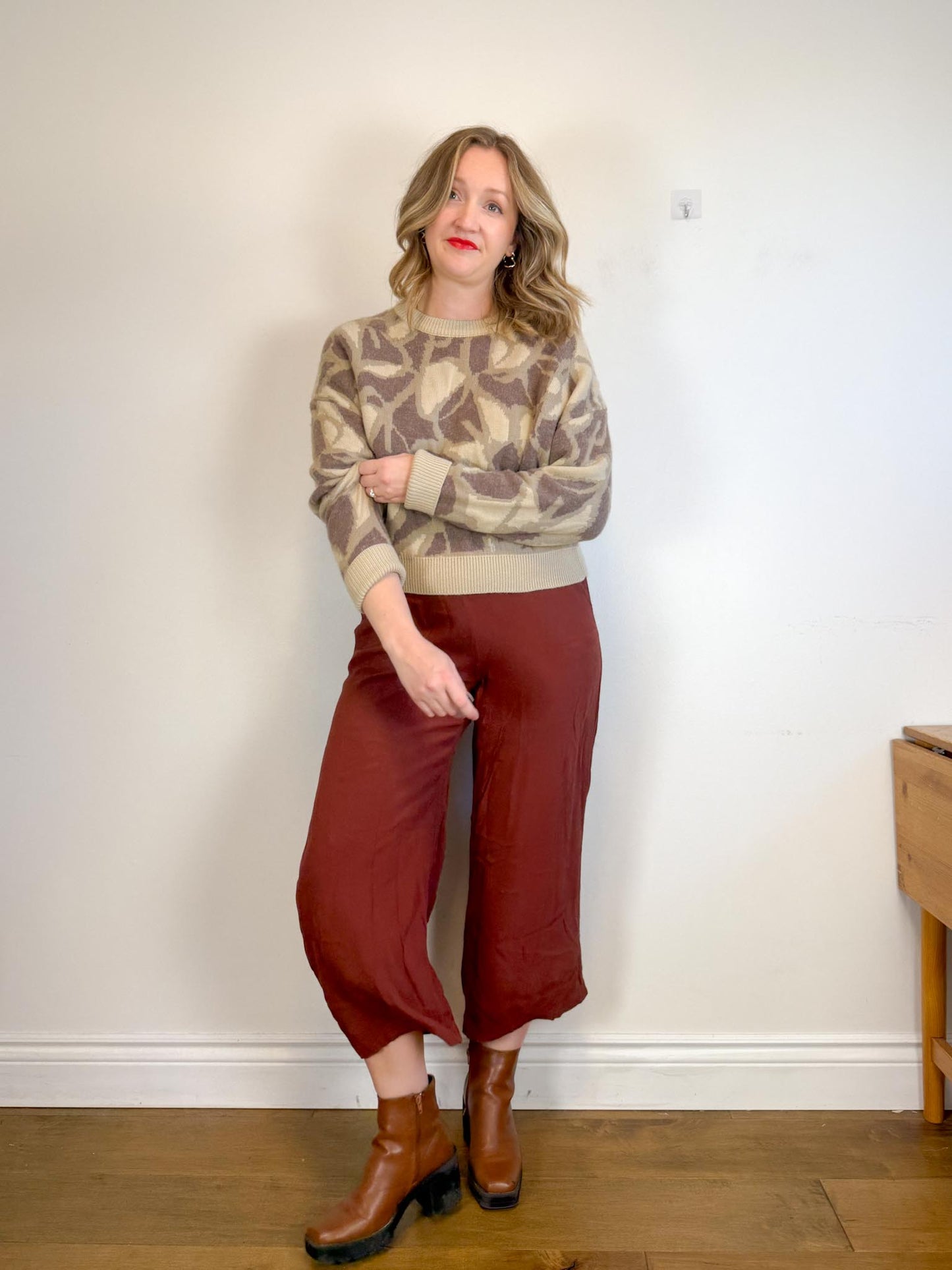 ba&sh Designer Cashmere & Wool Crewneck Sweater in Brown Print (Size M)