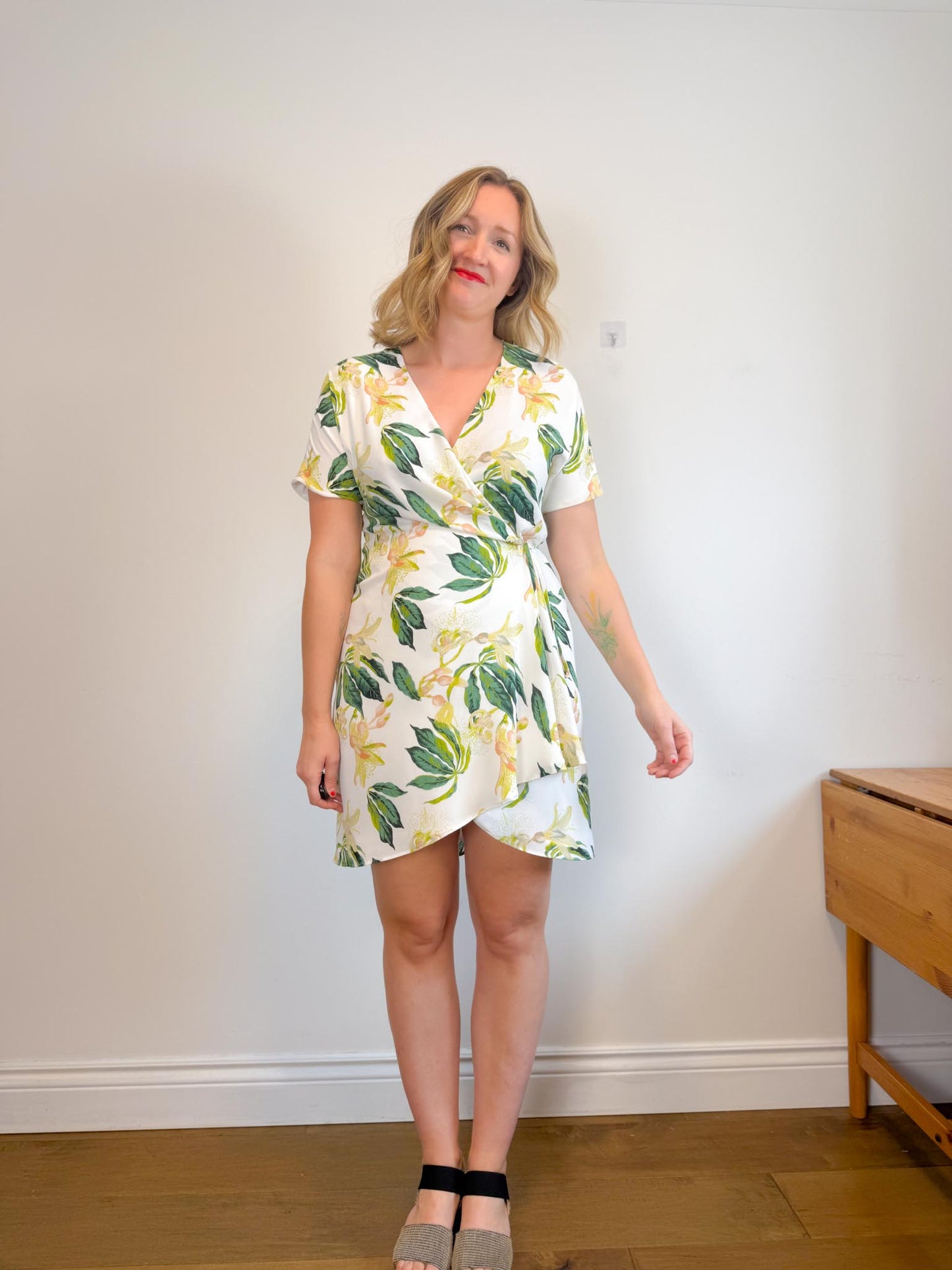 Babaton Wallace Wrap Dress in White/Green Floral (Size M)