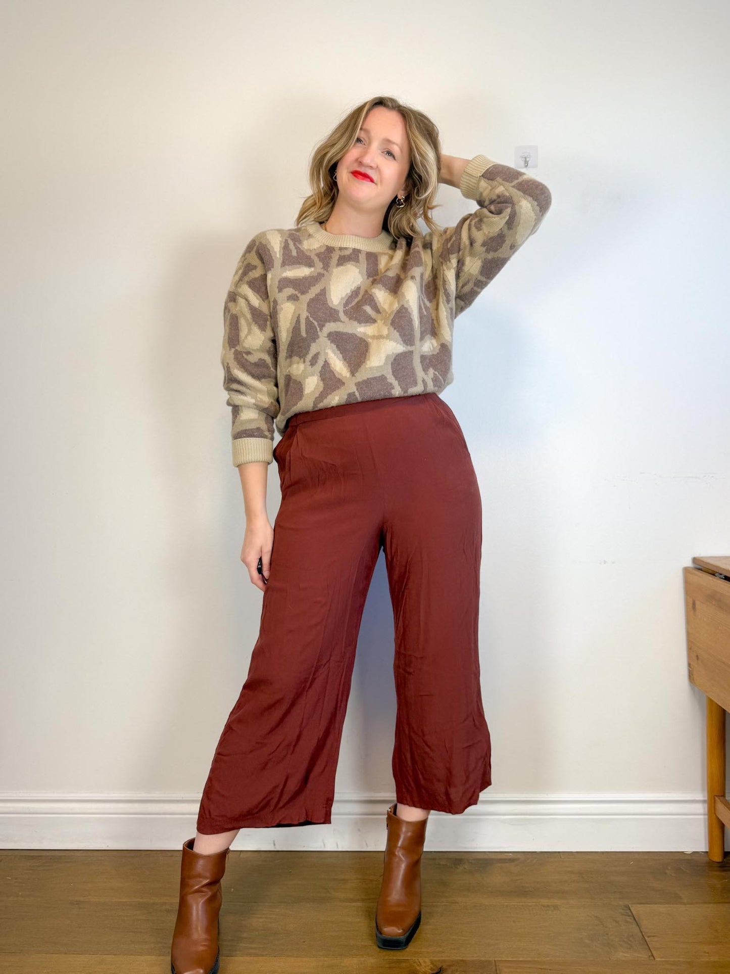 ba&sh Designer Cashmere & Wool Crewneck Sweater in Brown Print (Size M)