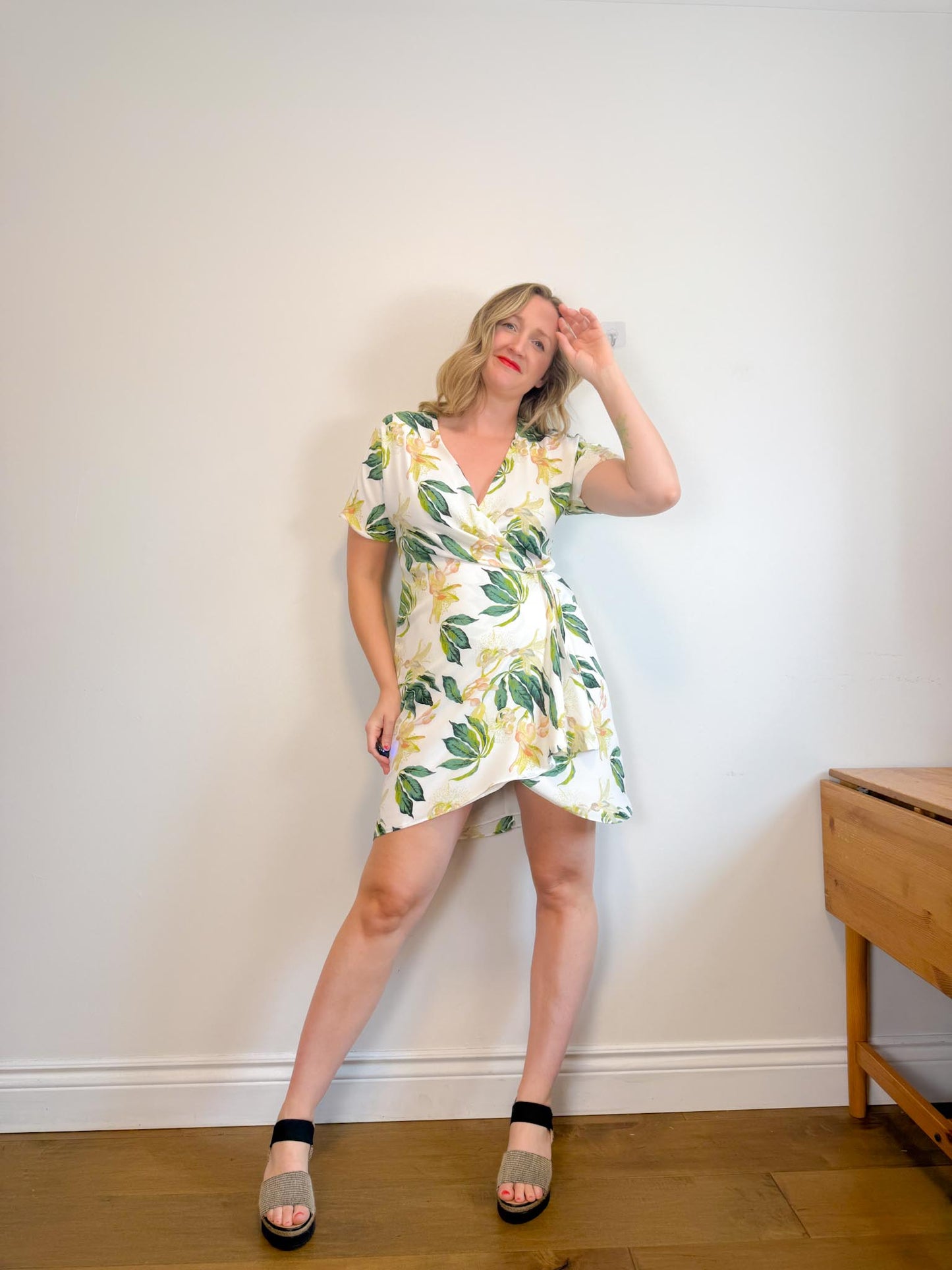 Babaton Wallace Wrap Dress in White/Green Floral (Size M)