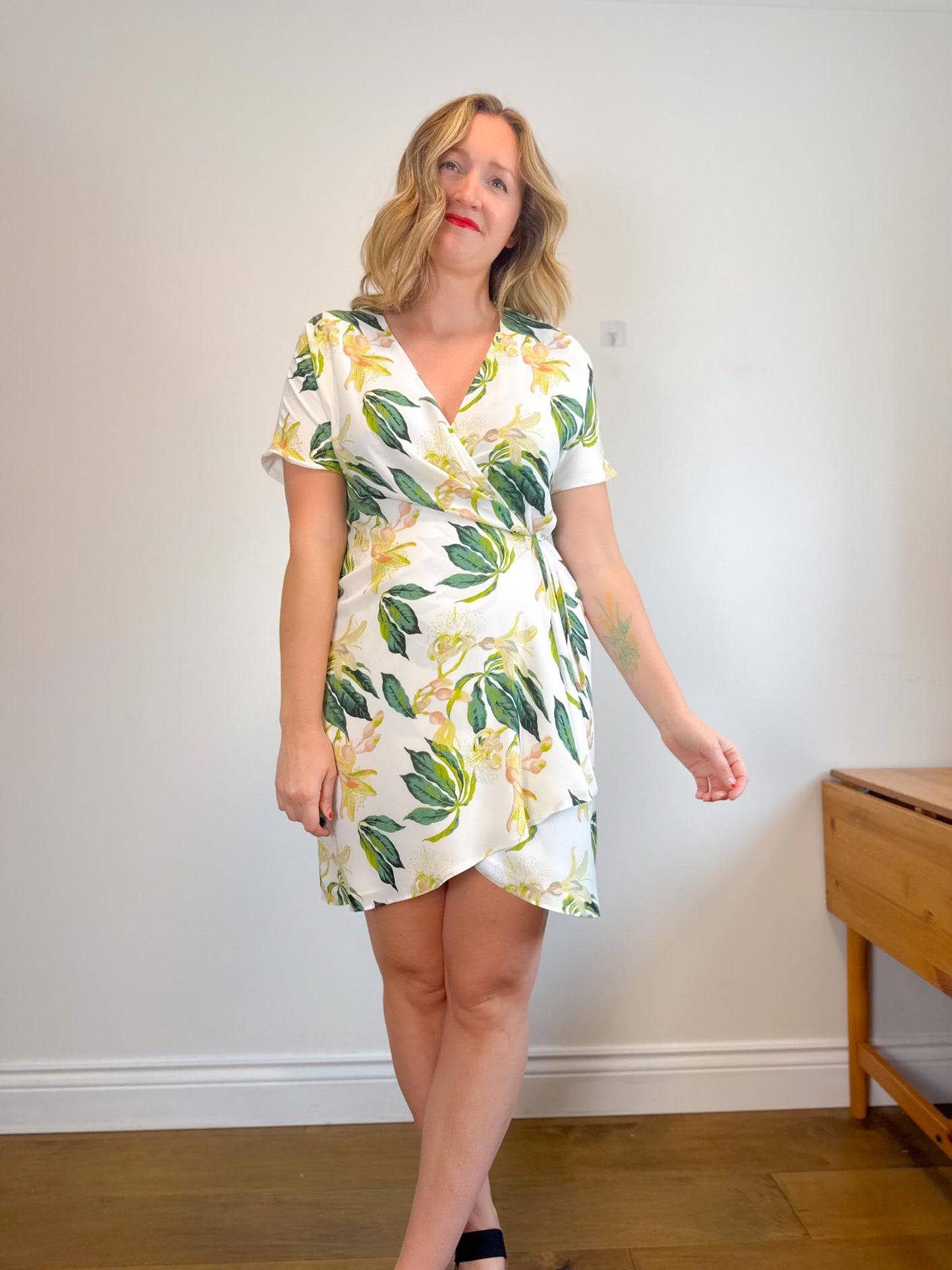 Babaton Wallace Wrap Dress in White/Green Floral (Size M)