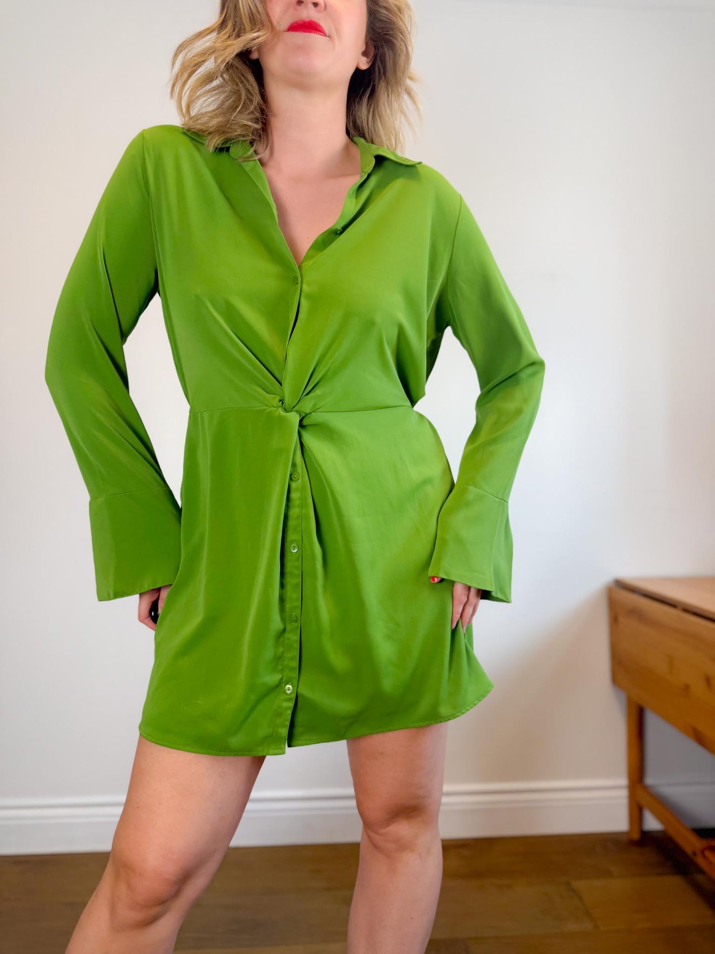 Abercrombie Long Sleeve Front Twist Mini Dress in Green (Size L/XL)